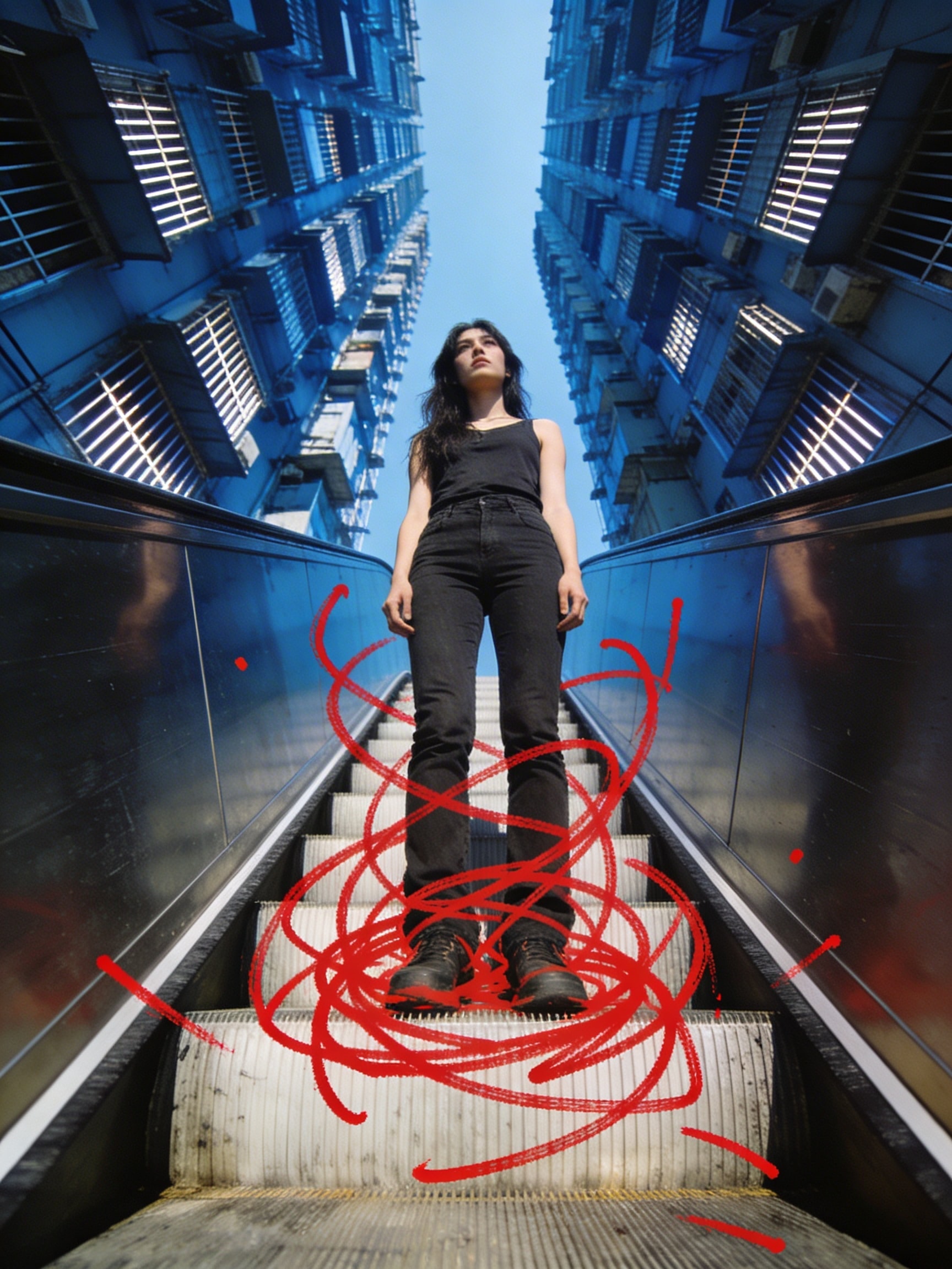 Candid Kodachrome photo of an exhausted woman on an outdoor escalator at night, surrounded by blue-lit apartments and a red scribble.