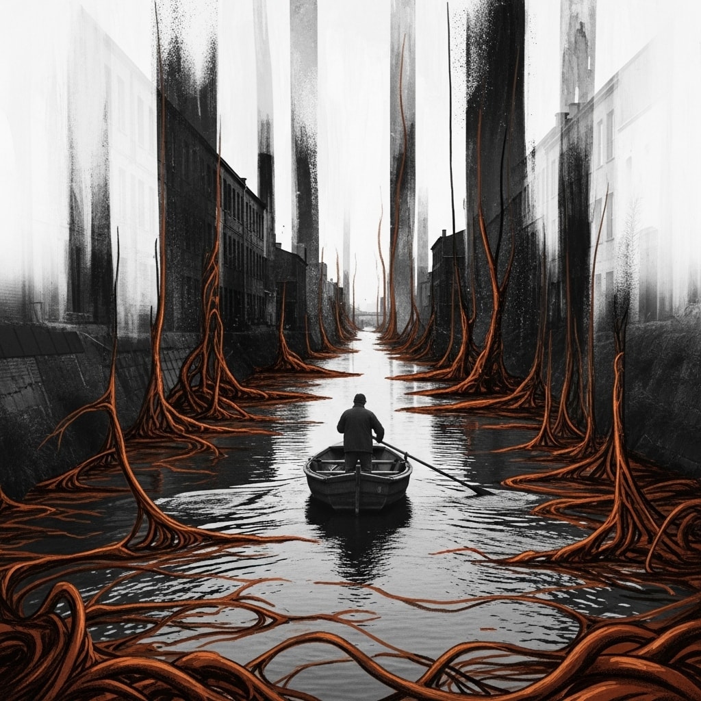 Black and white photograph of a worker in a boat on a canal with surreal painterly water and dissolving buildings