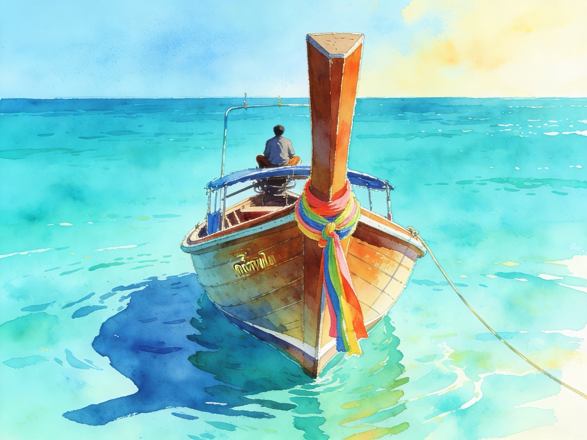 A long-tail boat with colorful ribbons floats on the turquoise Andaman Sea under a sunny sky