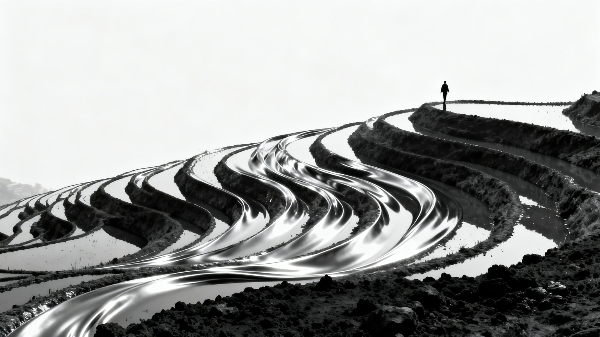 Black and white minimalist landscape of Longji rice terraces as glowing silver ribbons under a white sky.