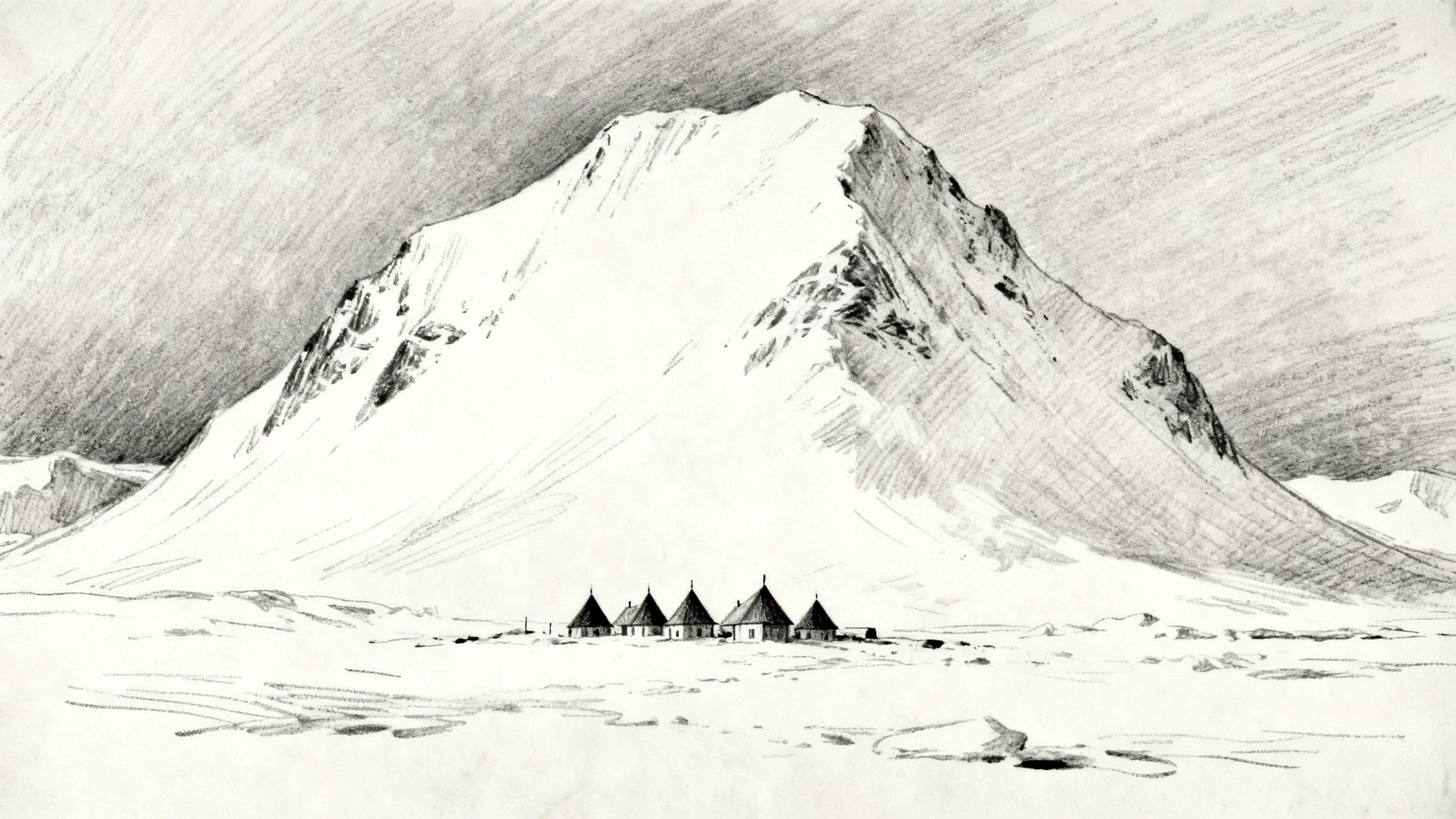 Minimalist rough pencil drawing of the mining town Longyearbyen with small houses at a mountain base