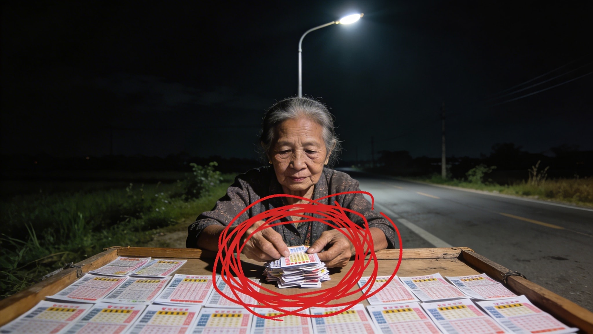 Candid Kodachrome photo of an elderly woman organizing lottery tickets under a streetlamp at night, with a red sharpie mark.