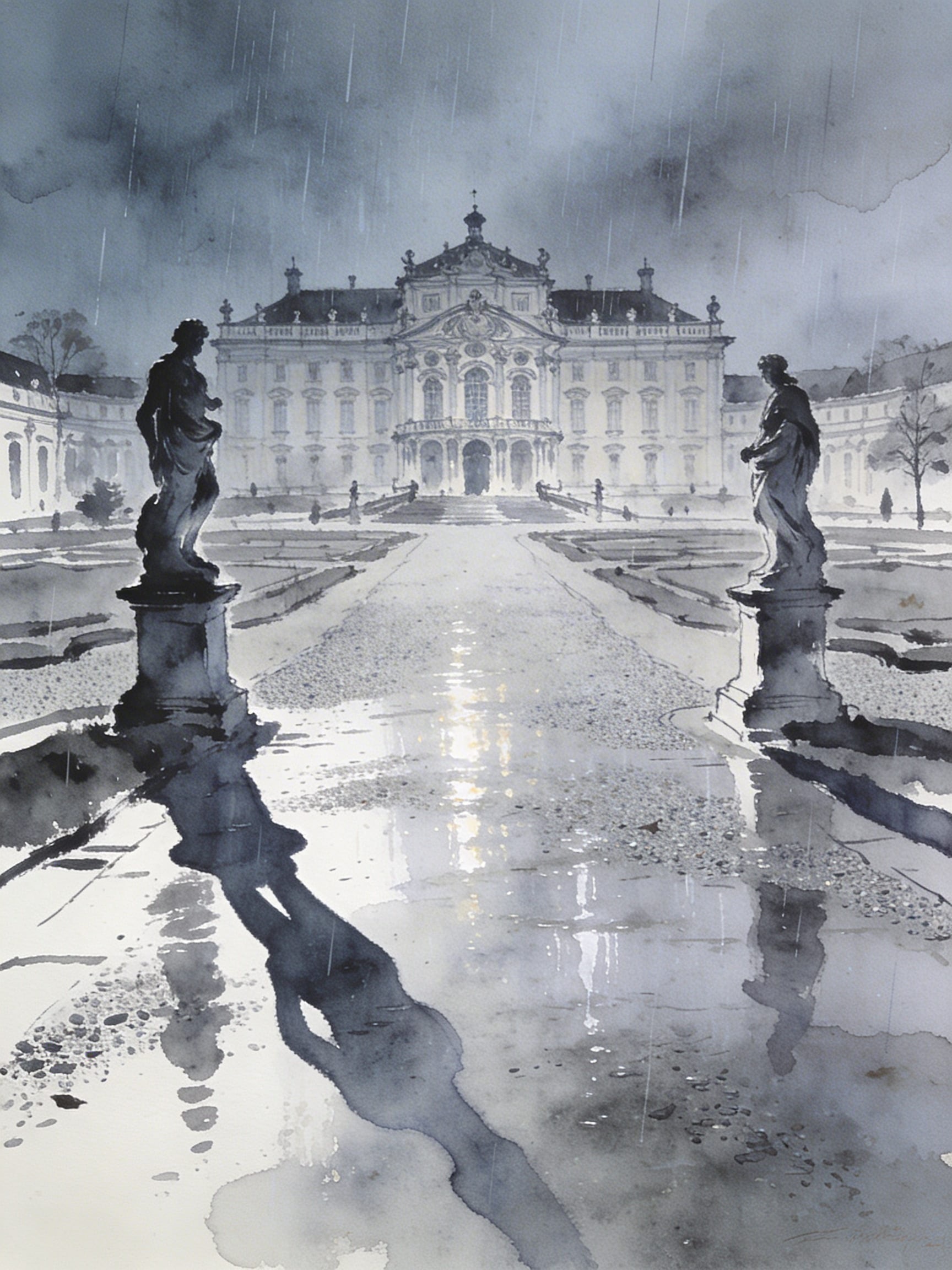 Expressive watercolor and ink illustration of Ludwigsburg Residential Palace in melancholic autumn rain