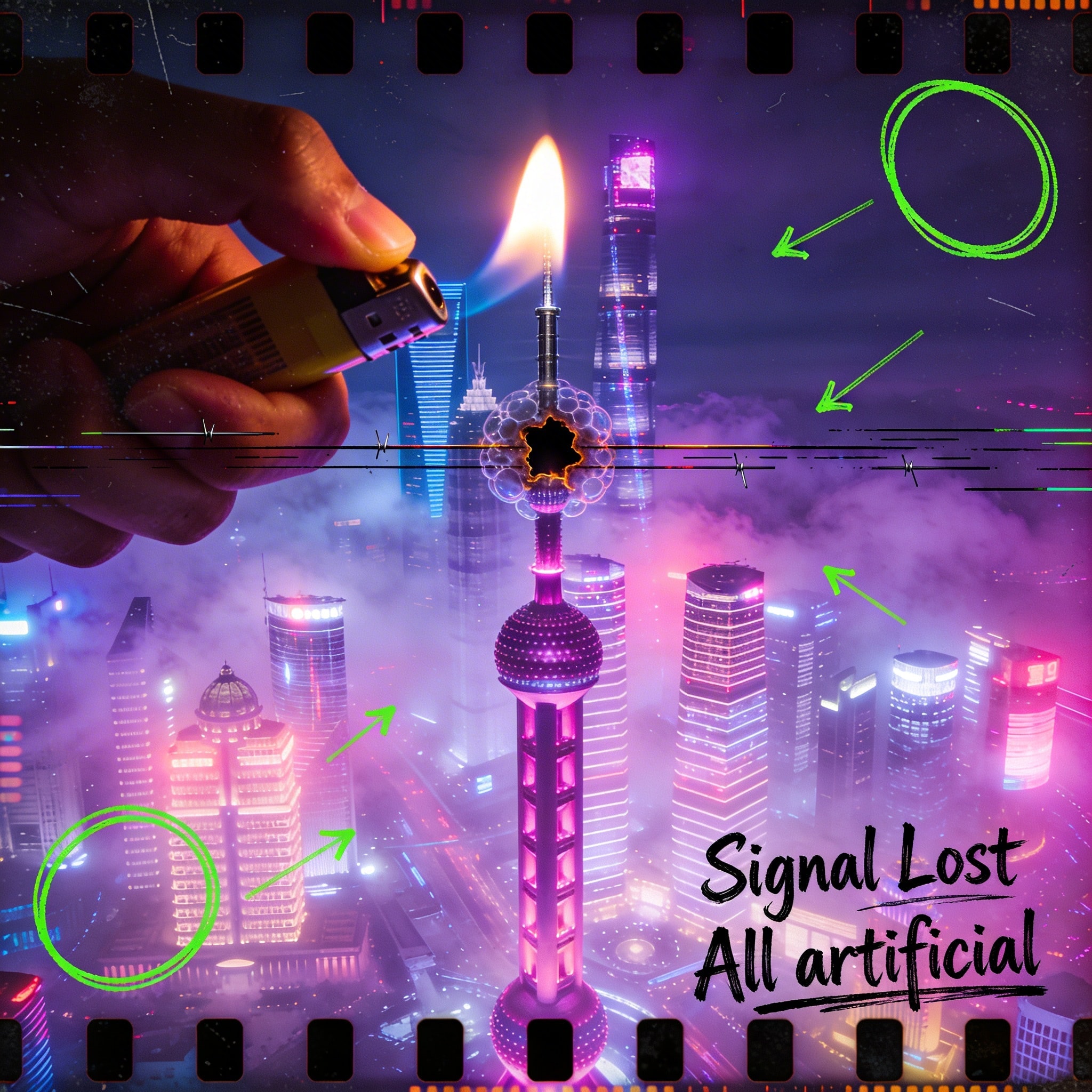 The Oriental Pearl Tower and Shanghai Lujiazui skyline obscured by heavy smog, with neon lights diffused into purple and pink haze, showing physical film damage including burn holes and scratches.