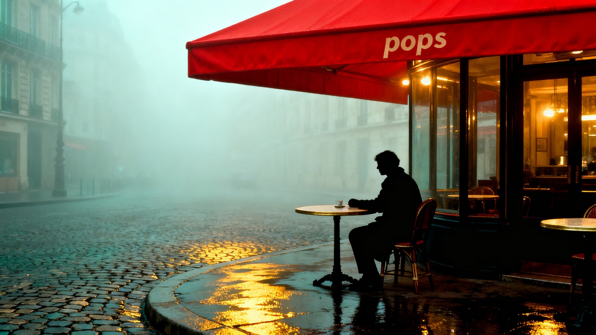 Silhouette of a man sitting at a cafe table under a red awning on a misty cobblestone street.