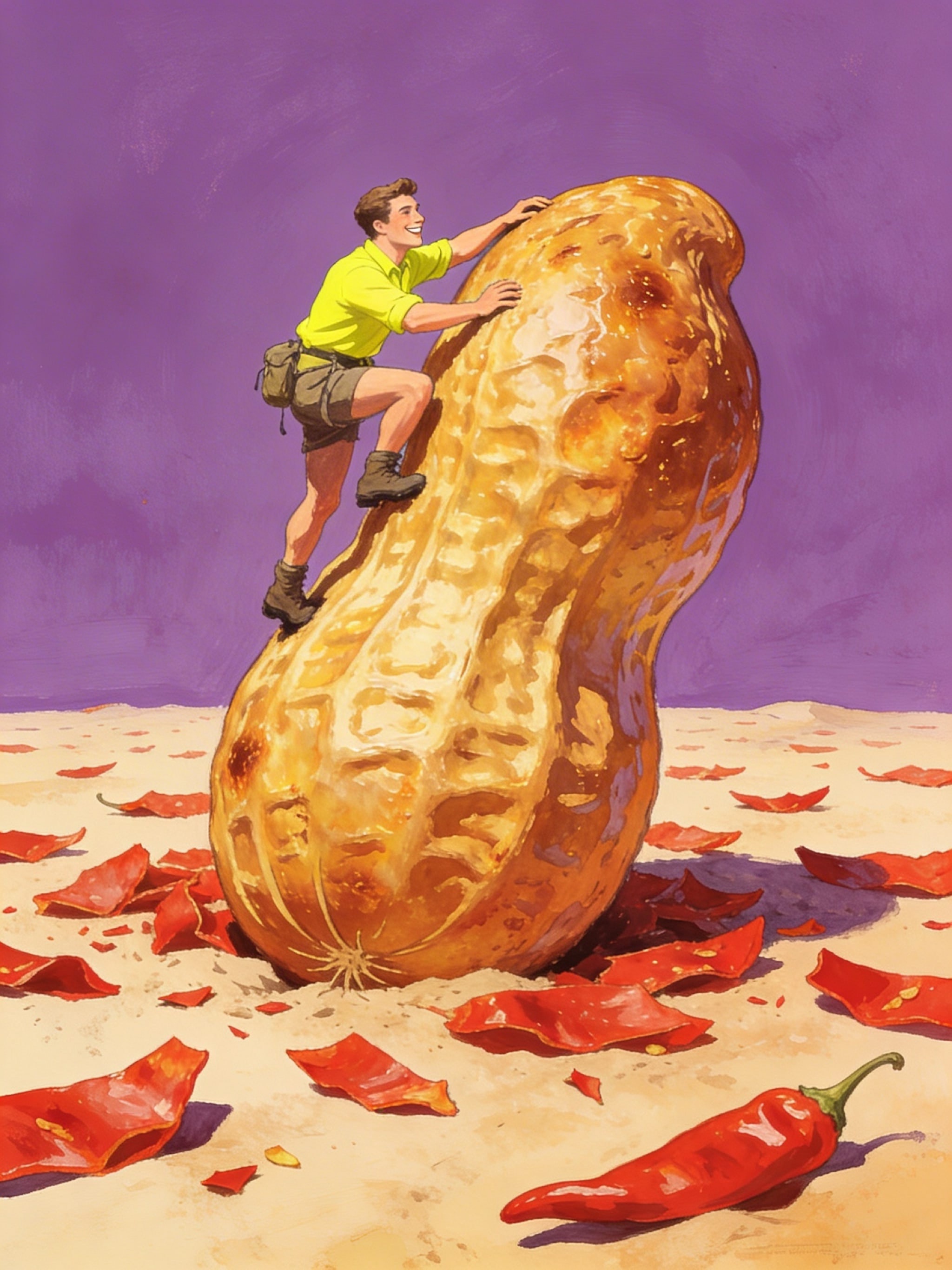 A man in safari attire climbing a massive roasted peanut in a sandy desert with red chili pieces.