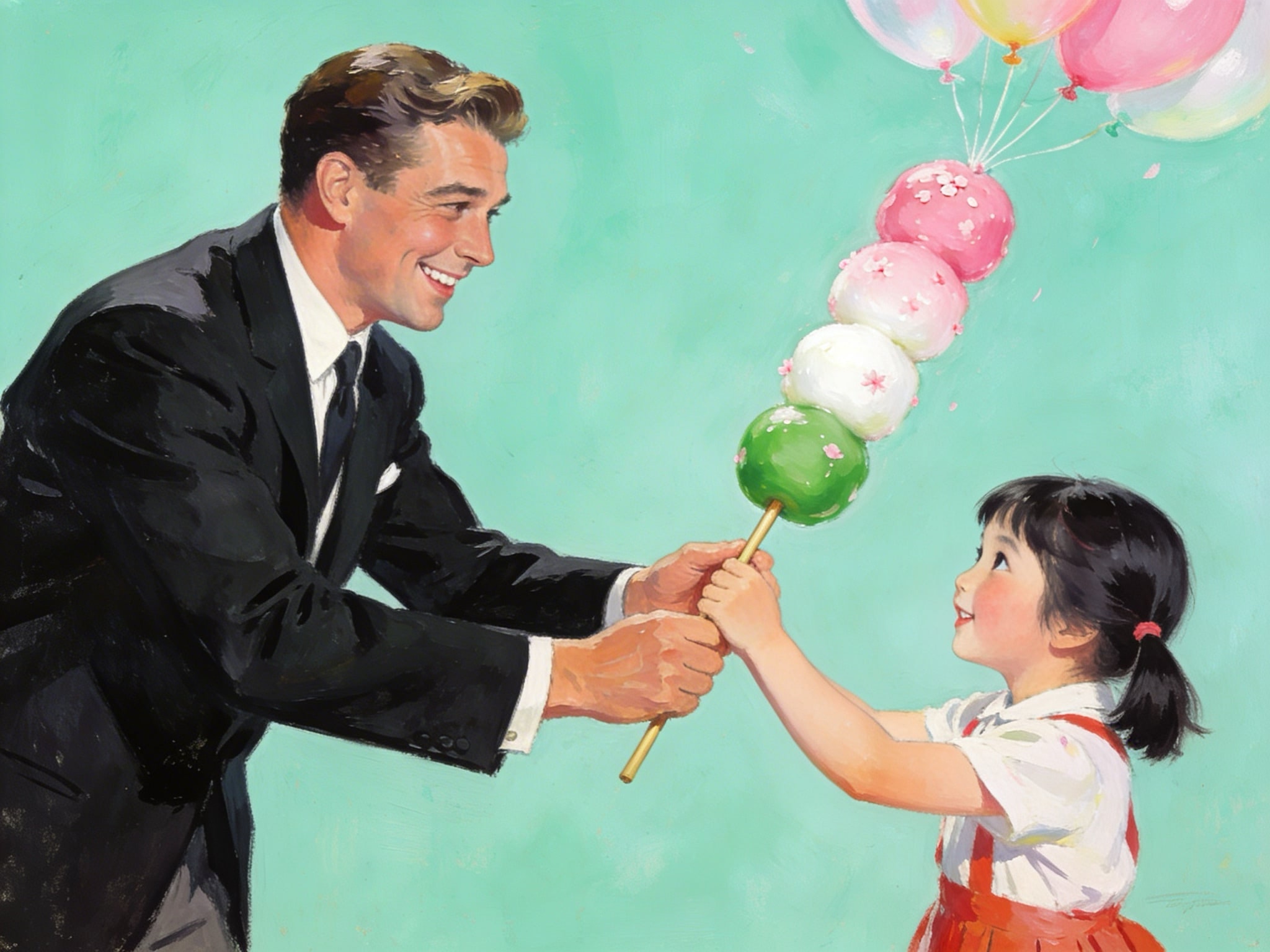 Vintage illustration of a man in a suit giving a large treat with balloons to a young girl.