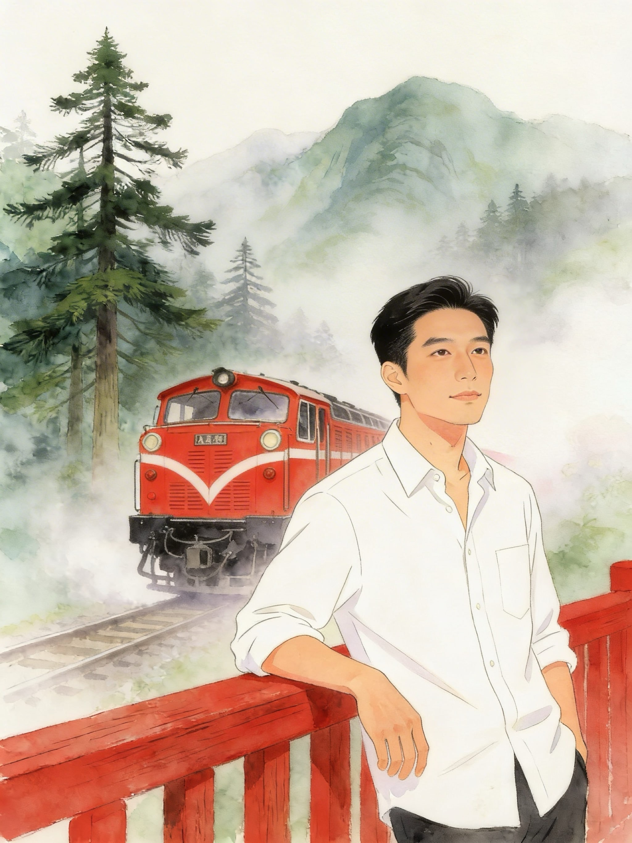 Watercolor illustration of a man leaning on a red railing with a red train and misty mountains in the background.