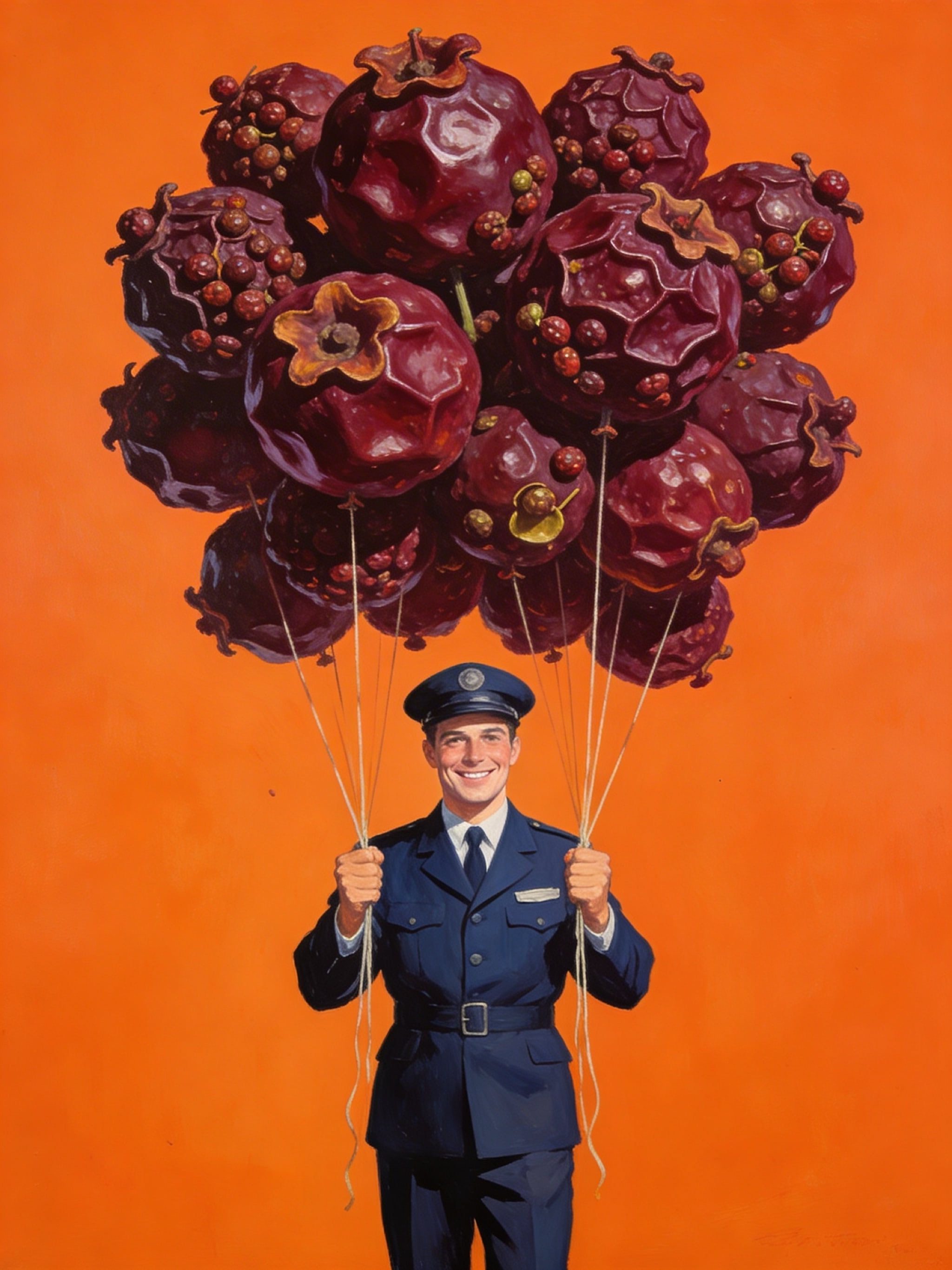 A man in a blue uniform holding a large bouquet of pomegranate-like fruit balloons against an orange background.