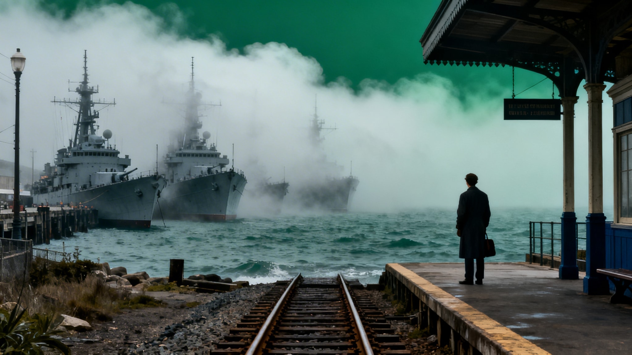 A man in a trench coat on a train platform looking at warships in a foggy harbor.