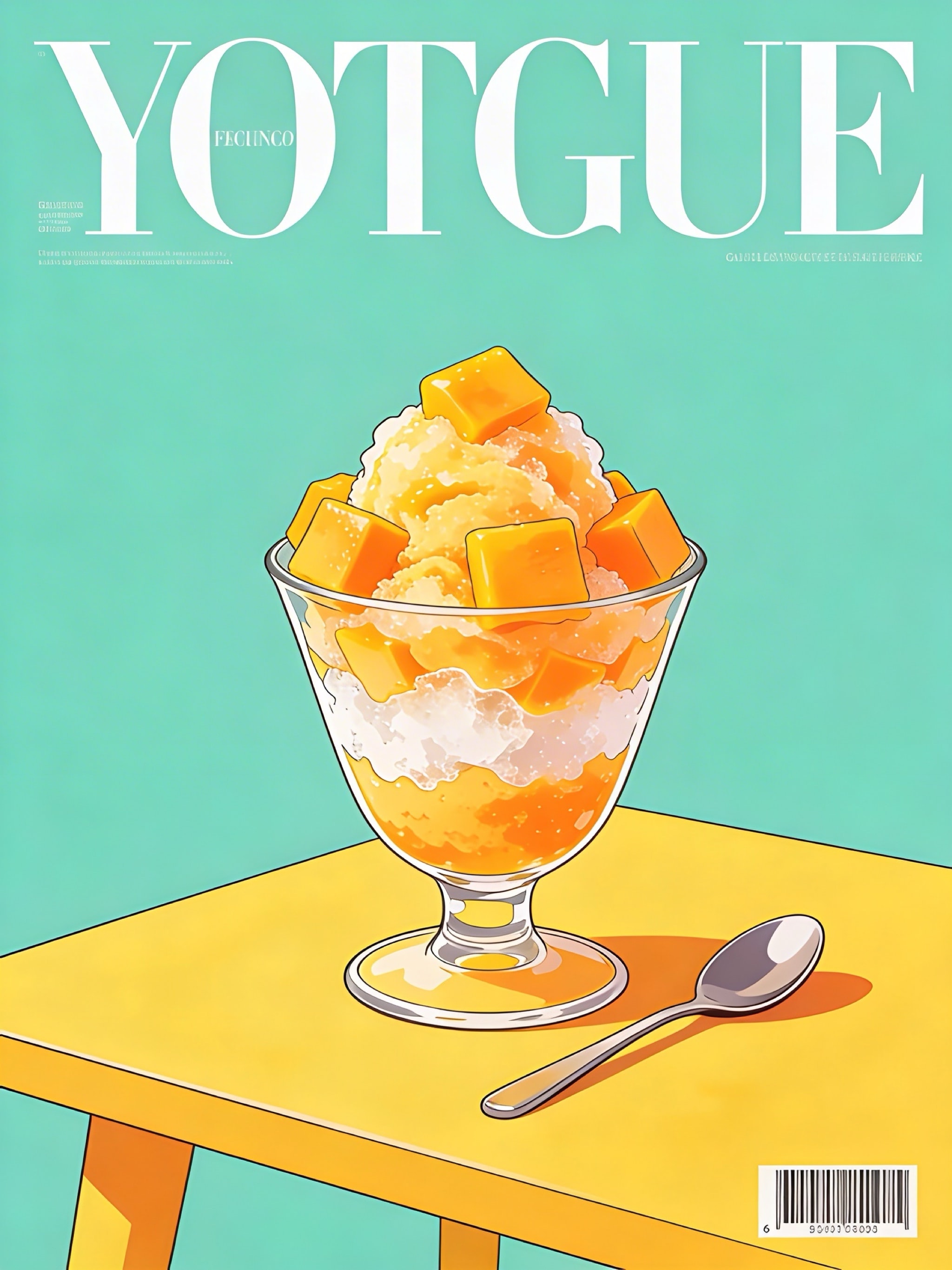 A minimalist illustration of a tall glass bowl filled with vibrant orange mango shaved ice on a yellow table.