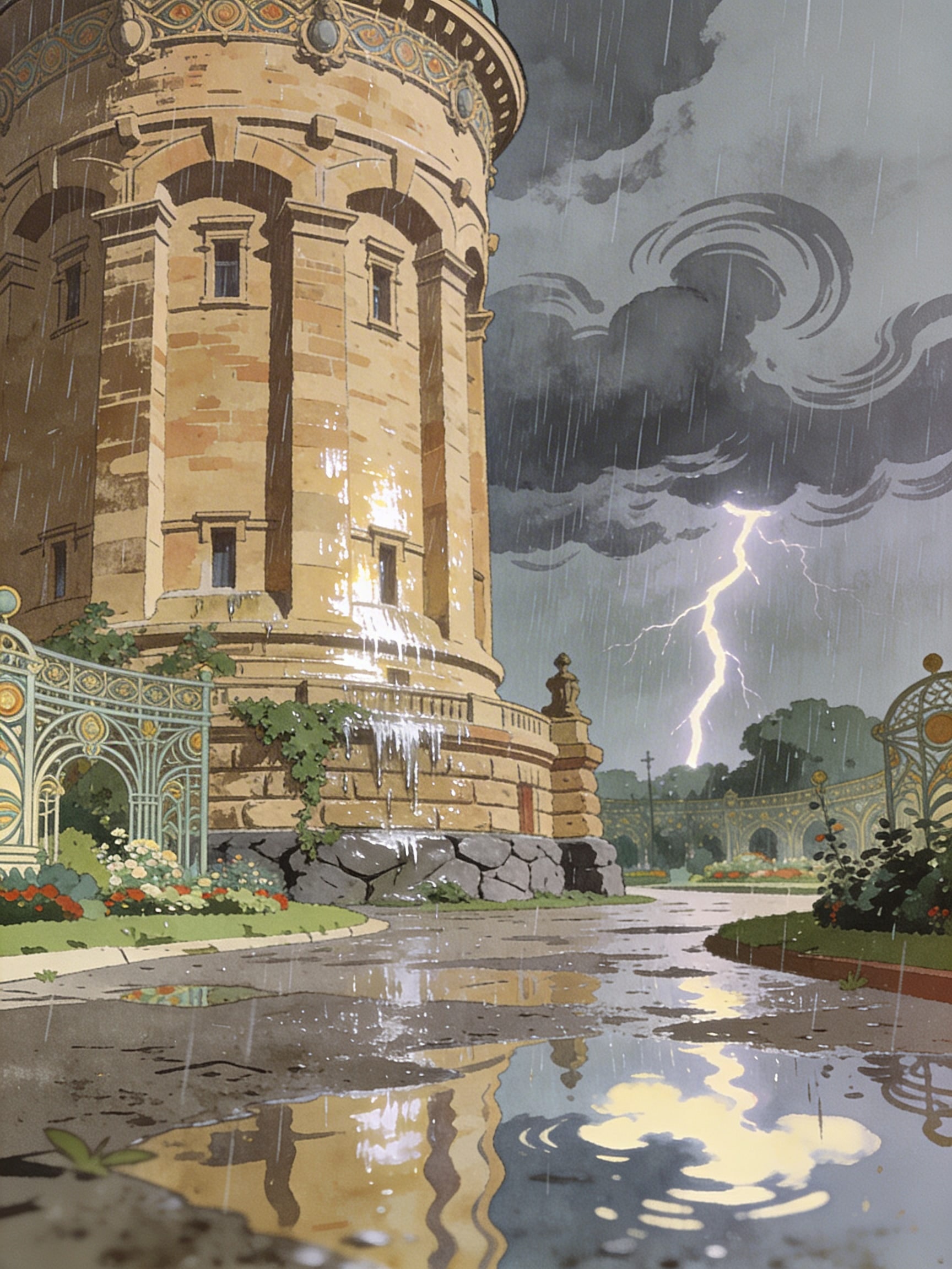 Vintage 1970s style illustration of Mannheim Water Tower in stormy Art Nouveau gardens