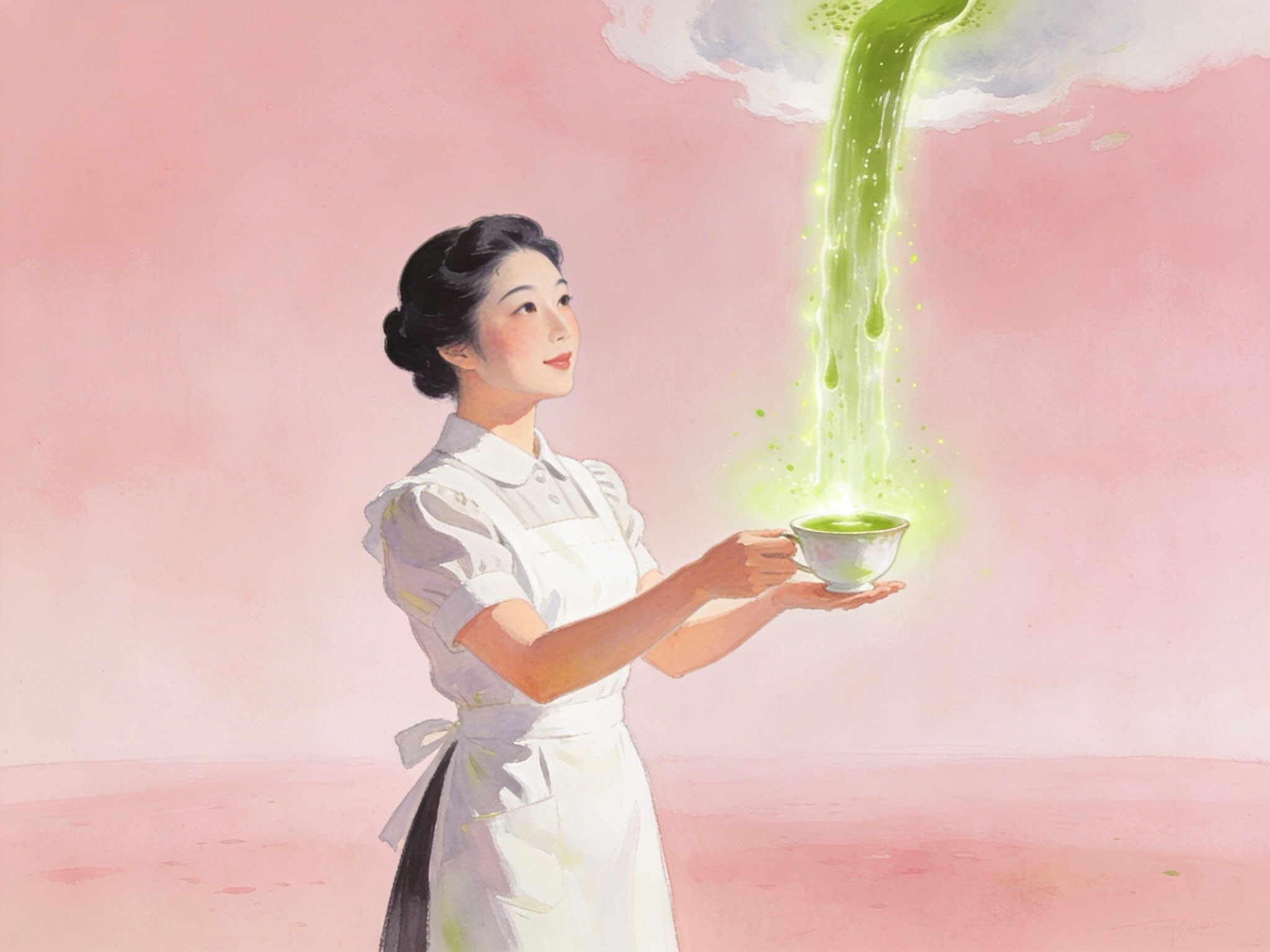 A 1950s Americana style illustration of a woman in an apron catching a glowing green matcha tea waterfall from a giant bamboo whisk in a soft pink minimalist space.