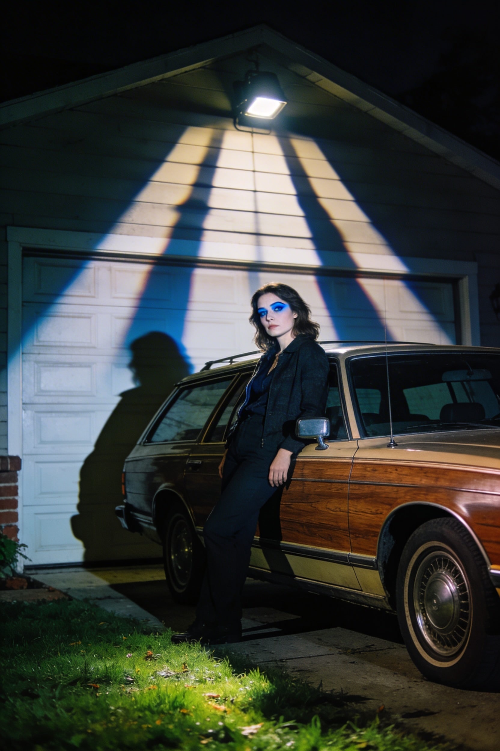 A woman leans against a wood-paneled station wagon in a dark 1970s suburban driveway, lit by a low, harsh flash casting long shadows.