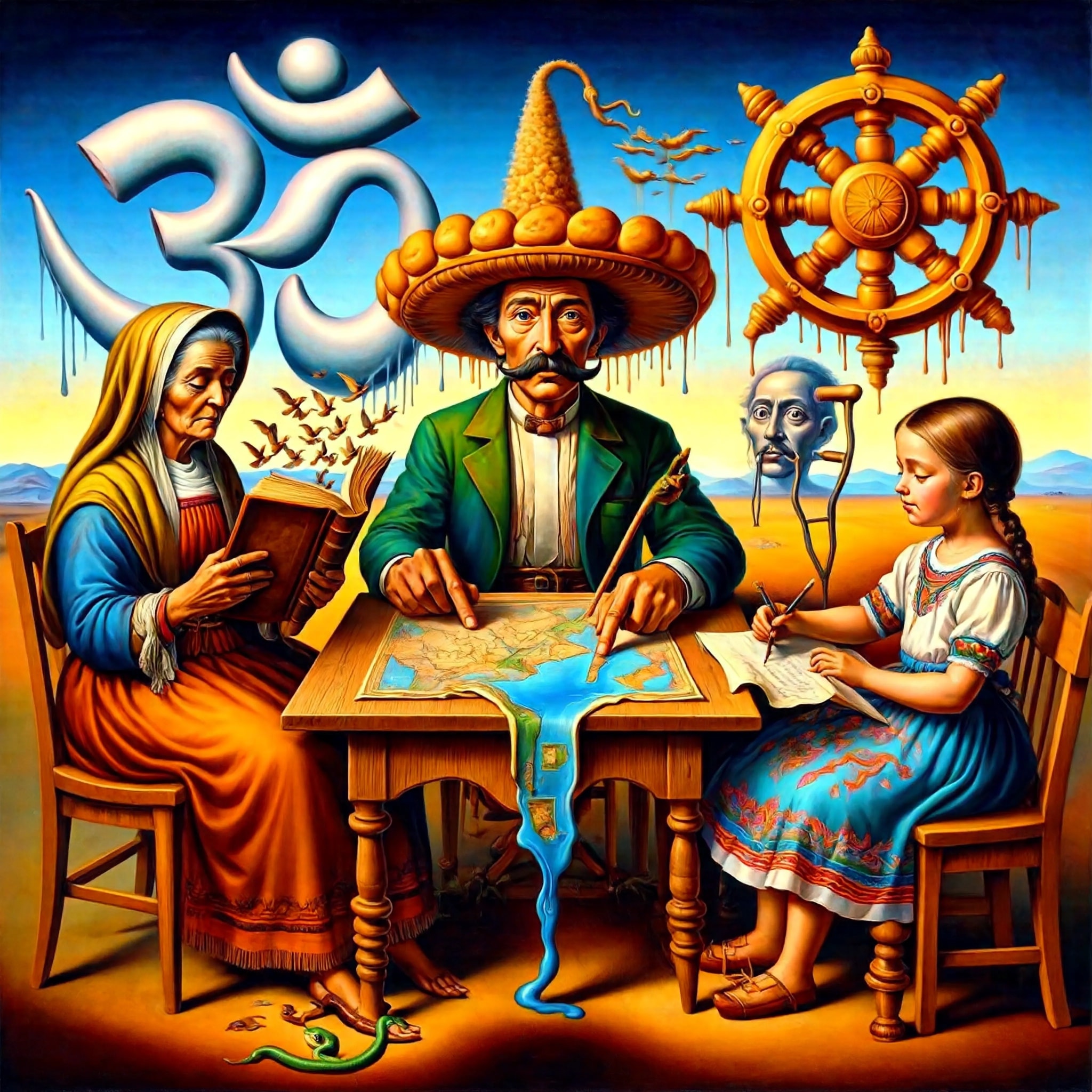 A traditional Mexican family studies at a table with surreal Indian symbols in the background, in the style of Salvador Dali.