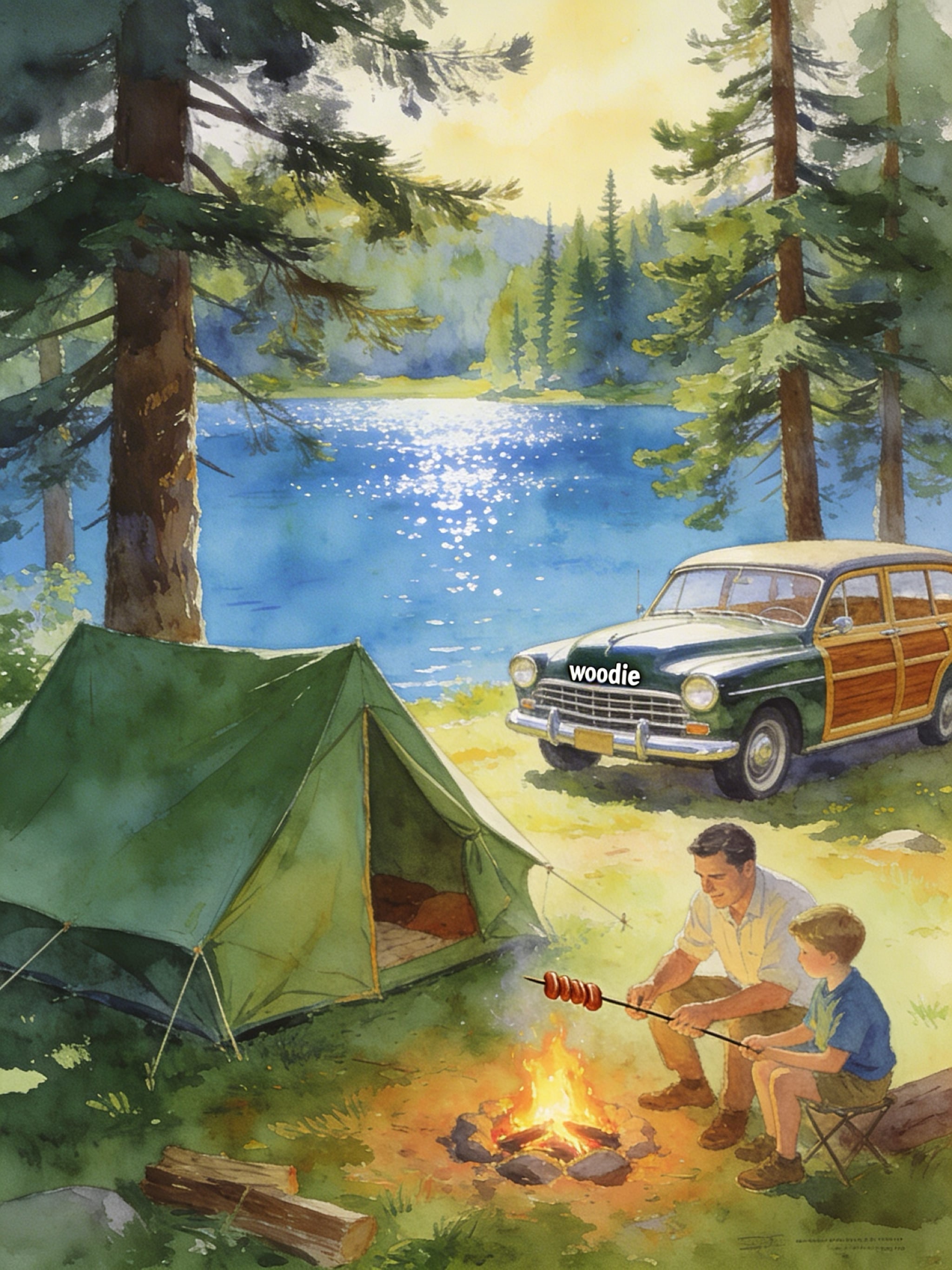 Vintage illustration of a family camping by a lake with a woodie station wagon