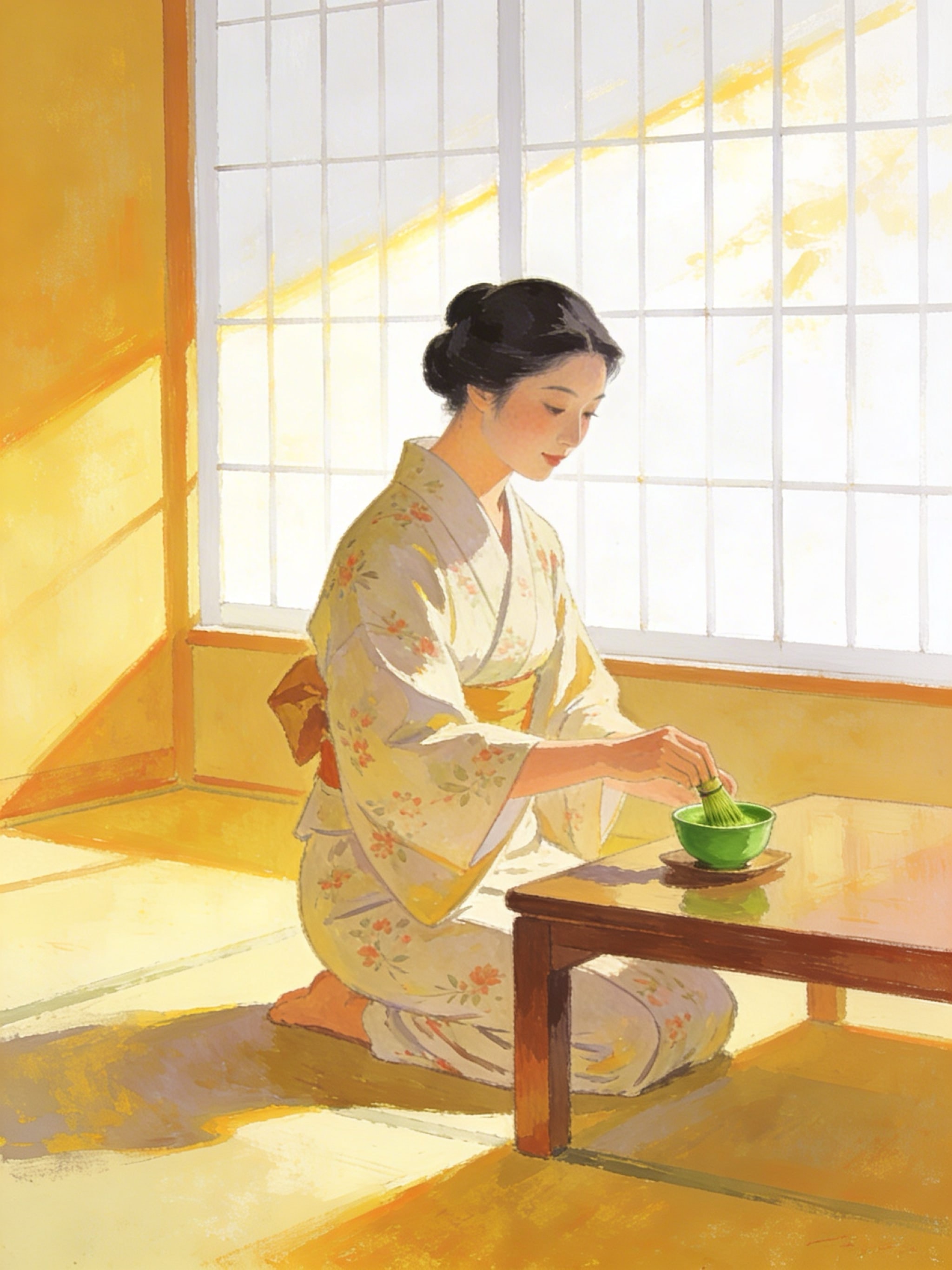 A minimalist mid-century illustration of a woman in a floral kimono preparing green matcha tea in a sunlit room