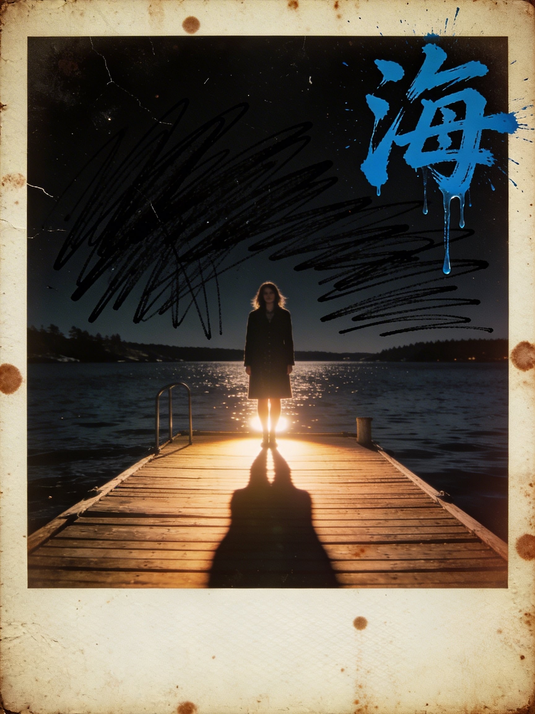A gritty 1960s Kodachrome portrait of a woman on a wooden pier at midnight, with a hard upward shadow and smeared blue Kanji for 'sea'.