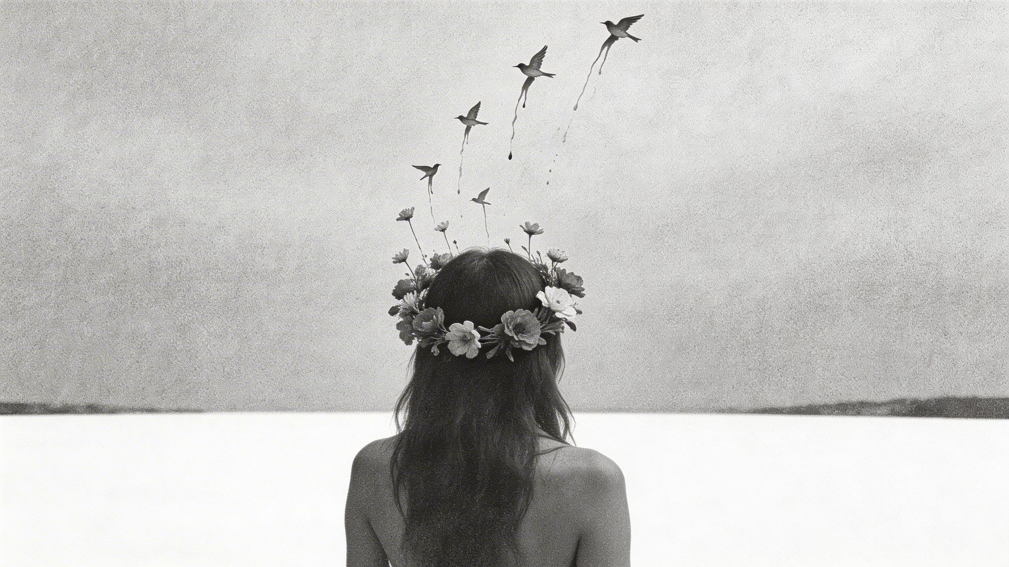 Black and white photo of a woman's back with a flower crown transforming into minimalist birds flying towards a lake.