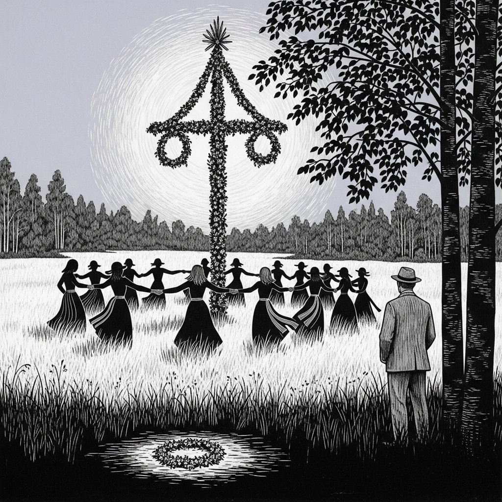 A woodblock print of a Swedish Midsommar celebration with a flower-decorated maypole, silhouette dancers, and a lone observer.