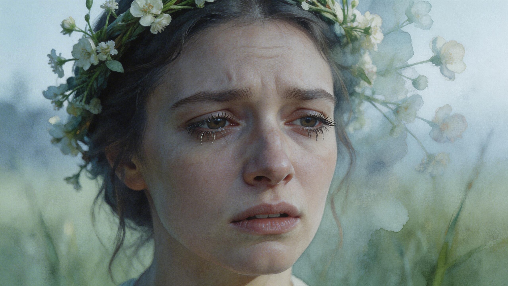 Close-up photo-realistic portrait of a somber woman with a watercolor flower wreath in a minimalist meadow