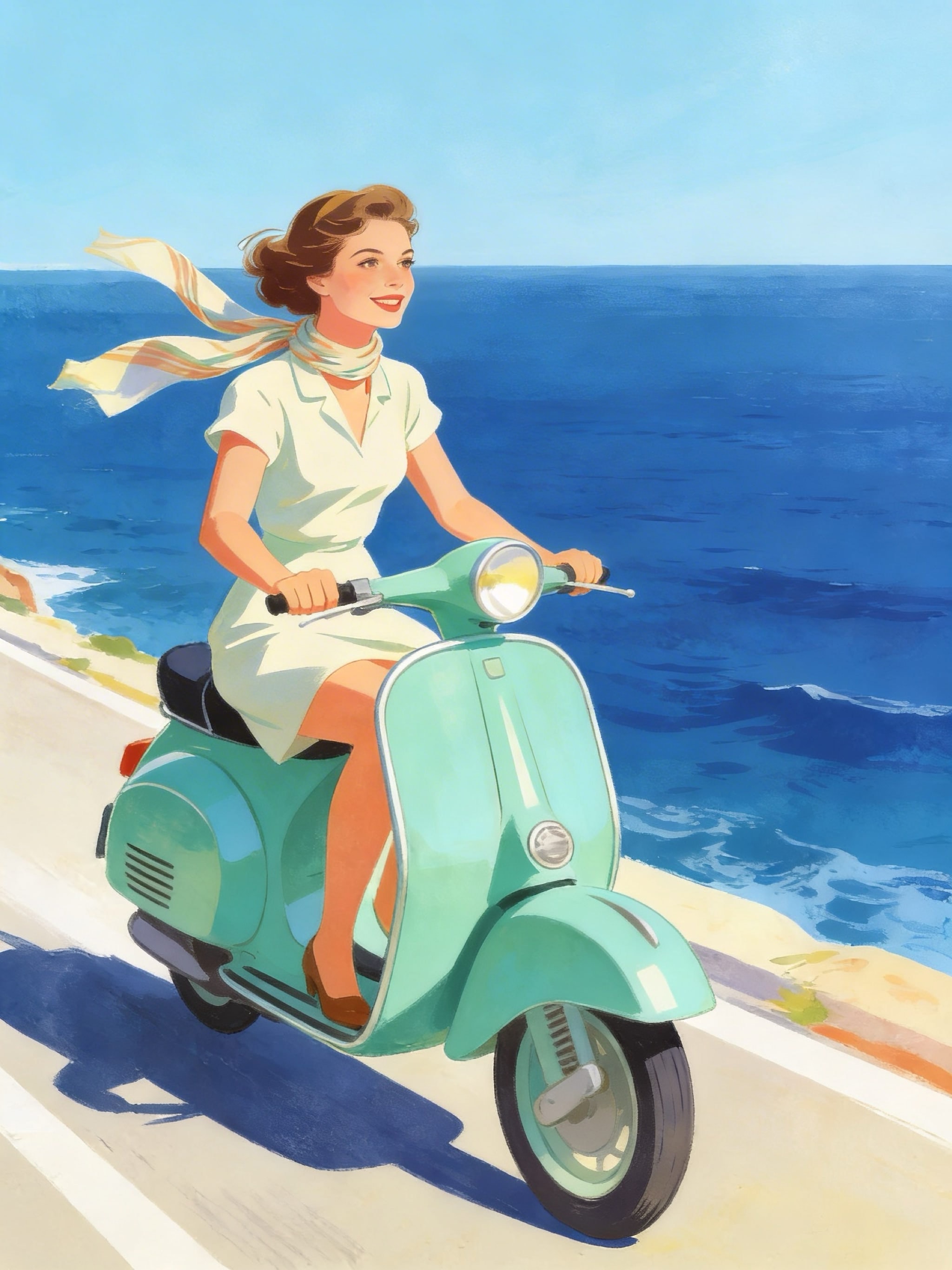 Young woman riding a mint-green vintage scooter on a coastal road with a blue ocean