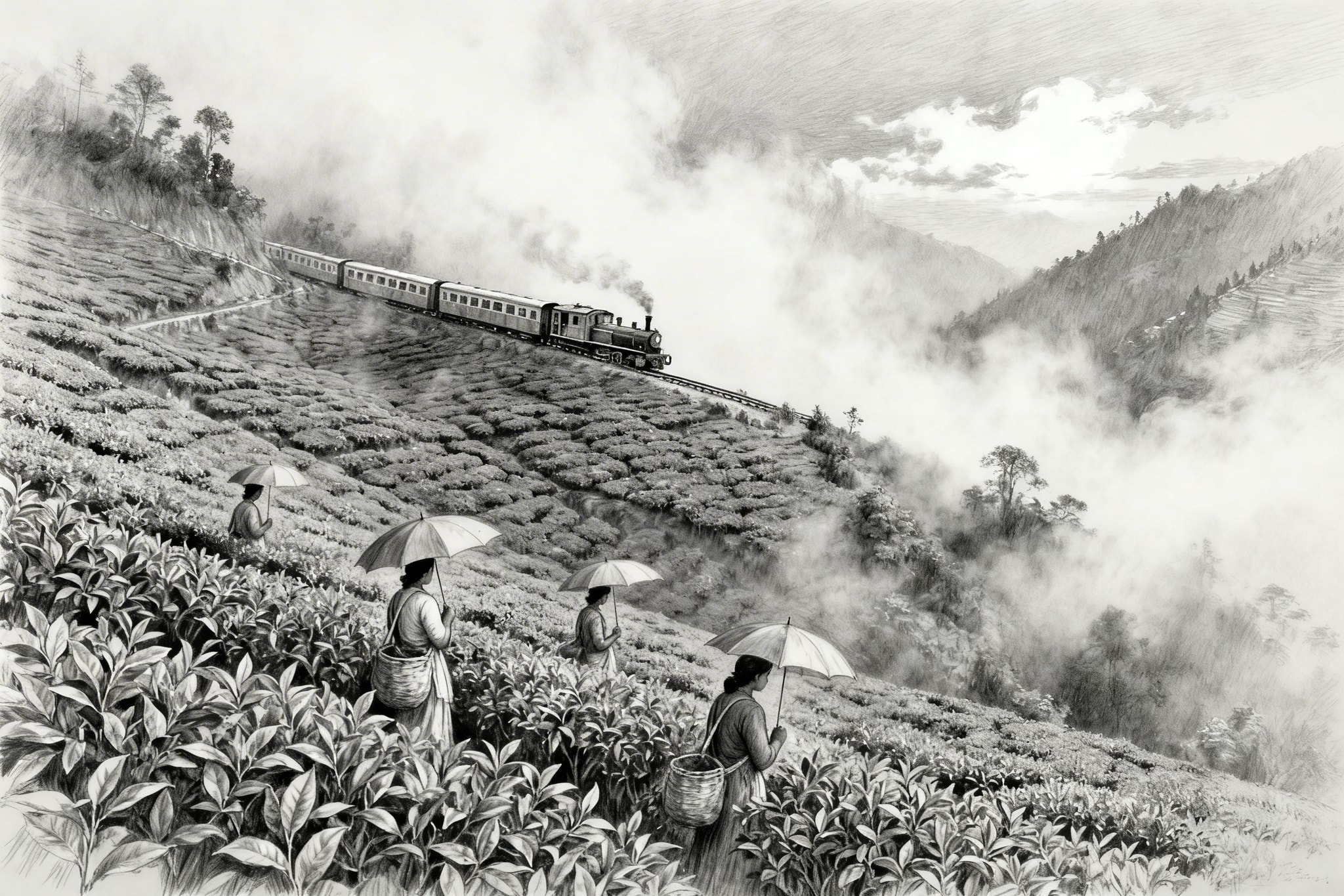 Textured graphite pencil drawing of a misty tea plantation in Darjeeling with a toy train and tea pickers