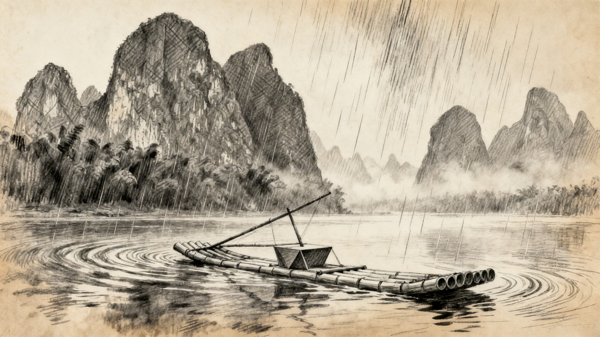 Atmospheric charcoal and pencil sketch of the Li River in Guilin with misty karst mountains and a bamboo raft