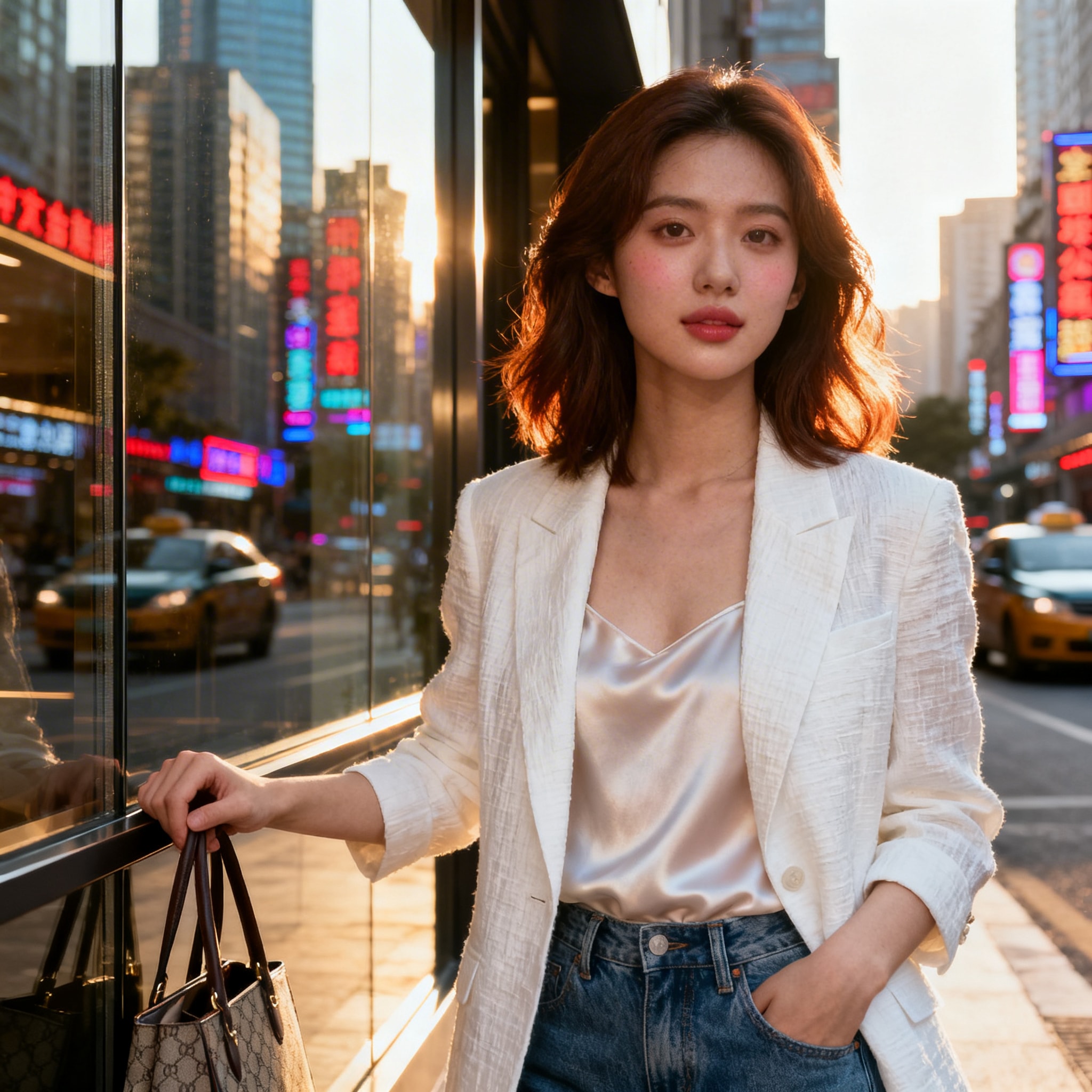 Photo-realistic portrait of a modern young Asian woman in a Chinese city