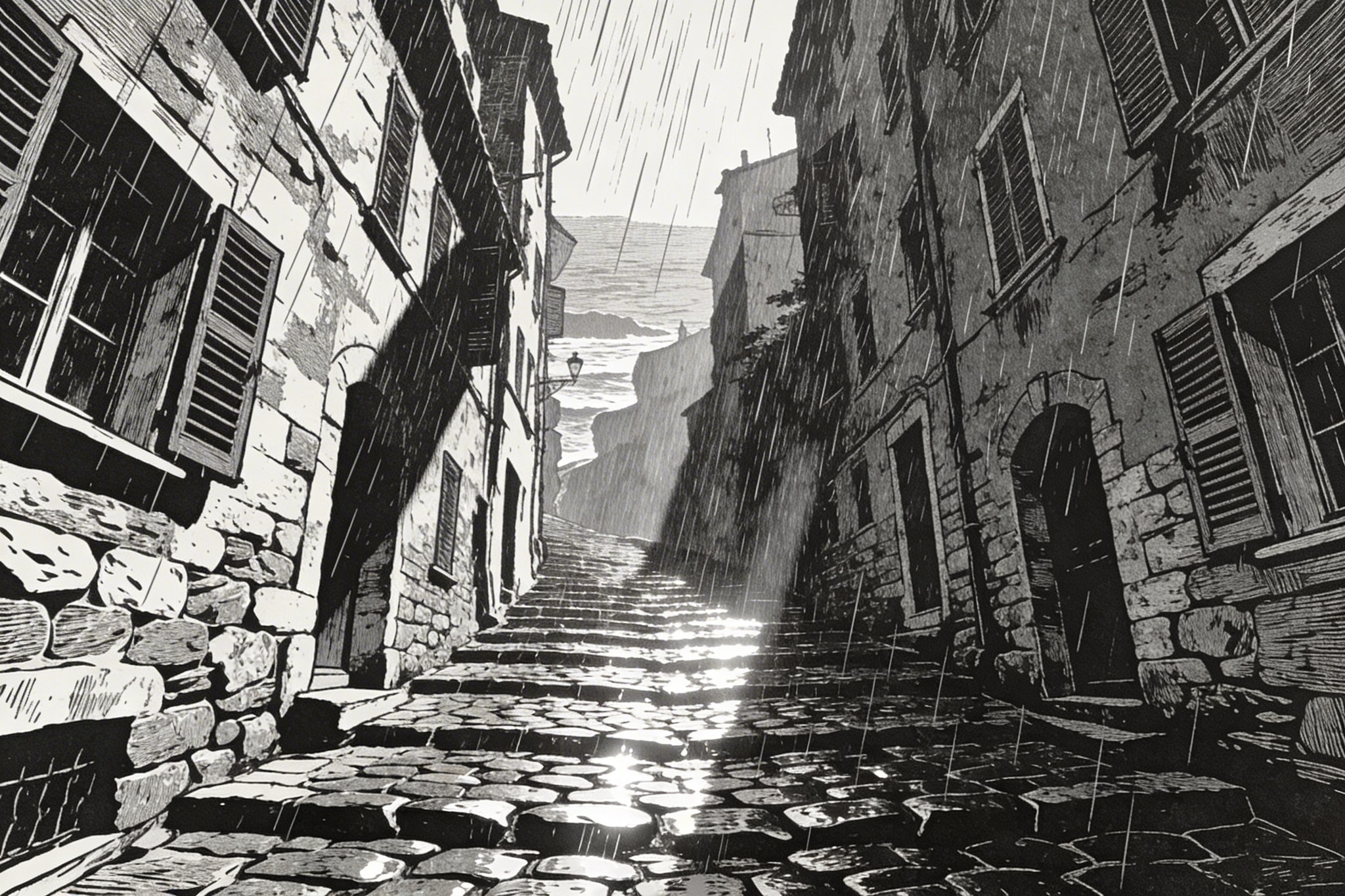Woodblock print style drawing of a narrow, rainy street in Monaco's old town