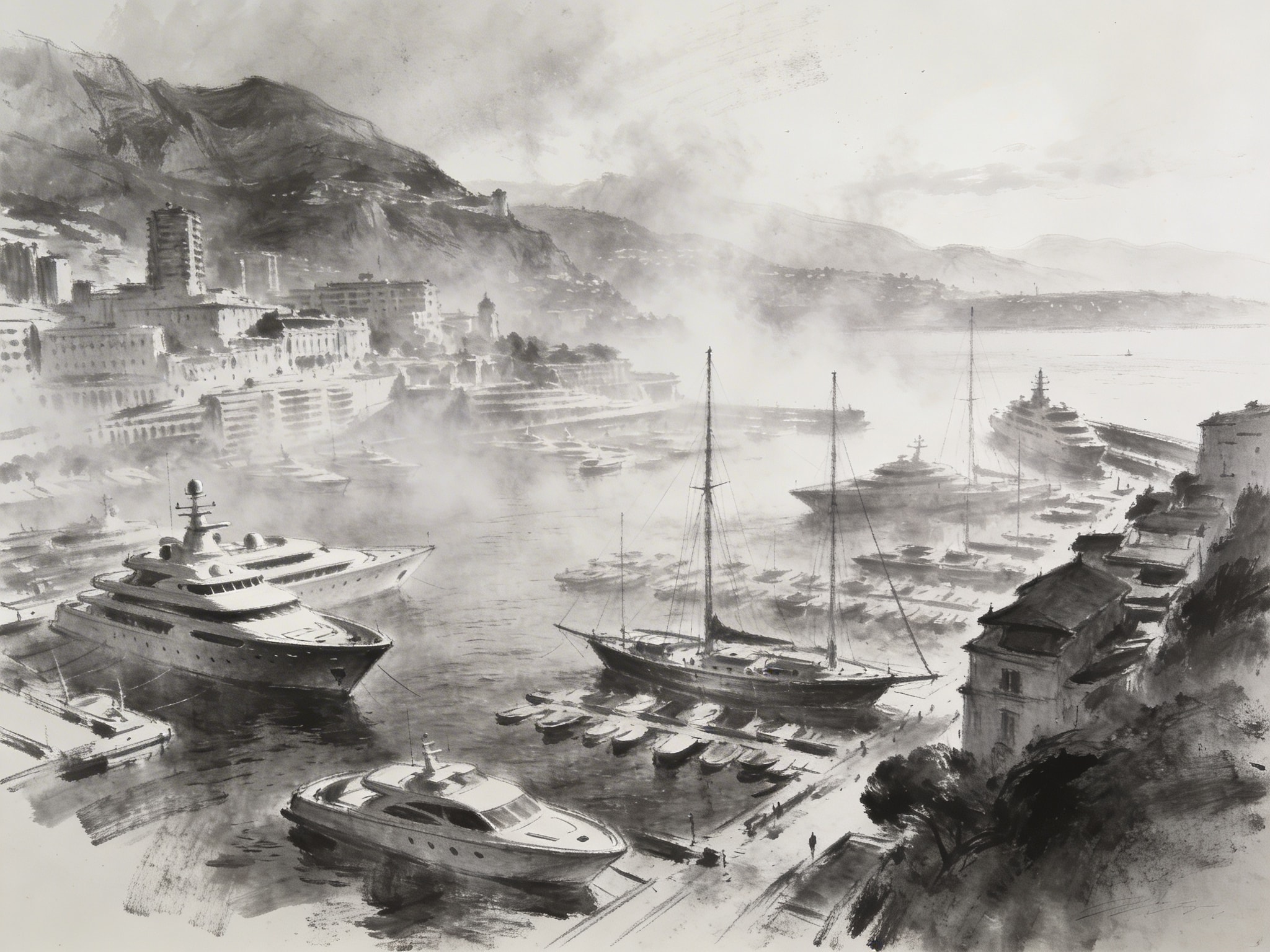 Loose charcoal drawing of Monaco harbor with classic yachts in sea mist