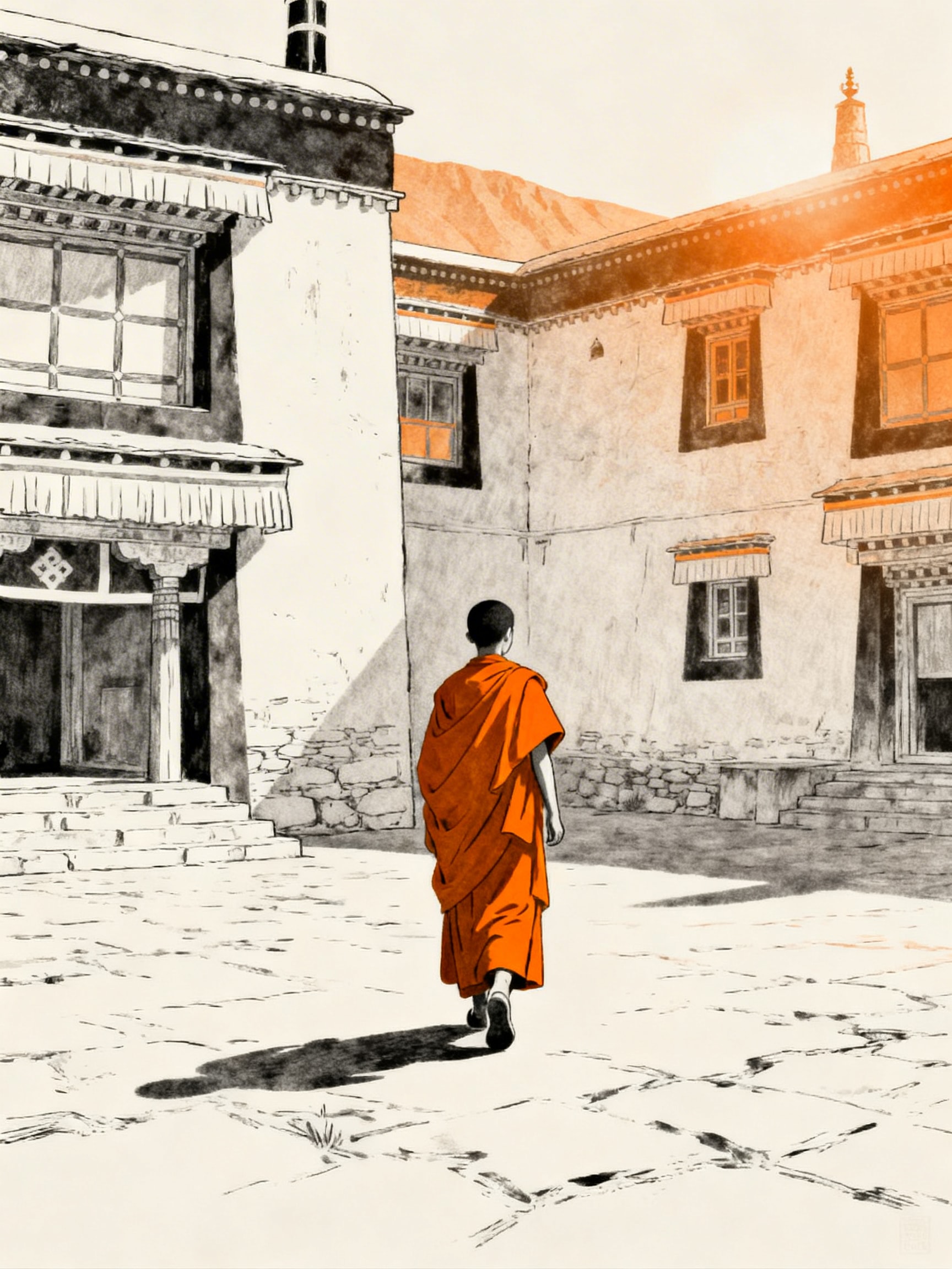 Minimalist illustration of a young monk in saffron robes walking through a bright monastery courtyard in Mustang
