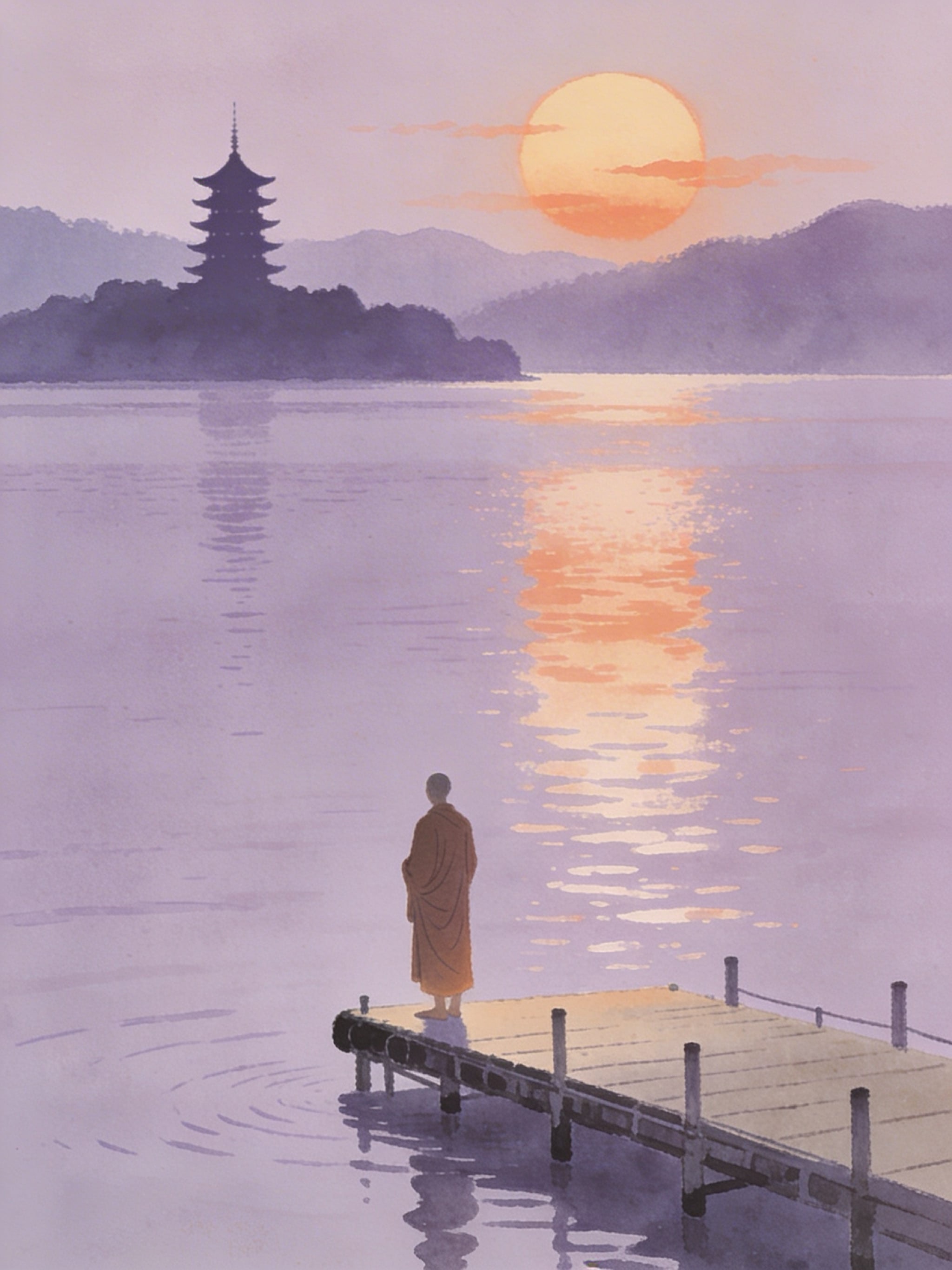 A solitary monk stands on a pier at sunset over the flat, lavender water of Sun Moon Lake with a distant pagoda.