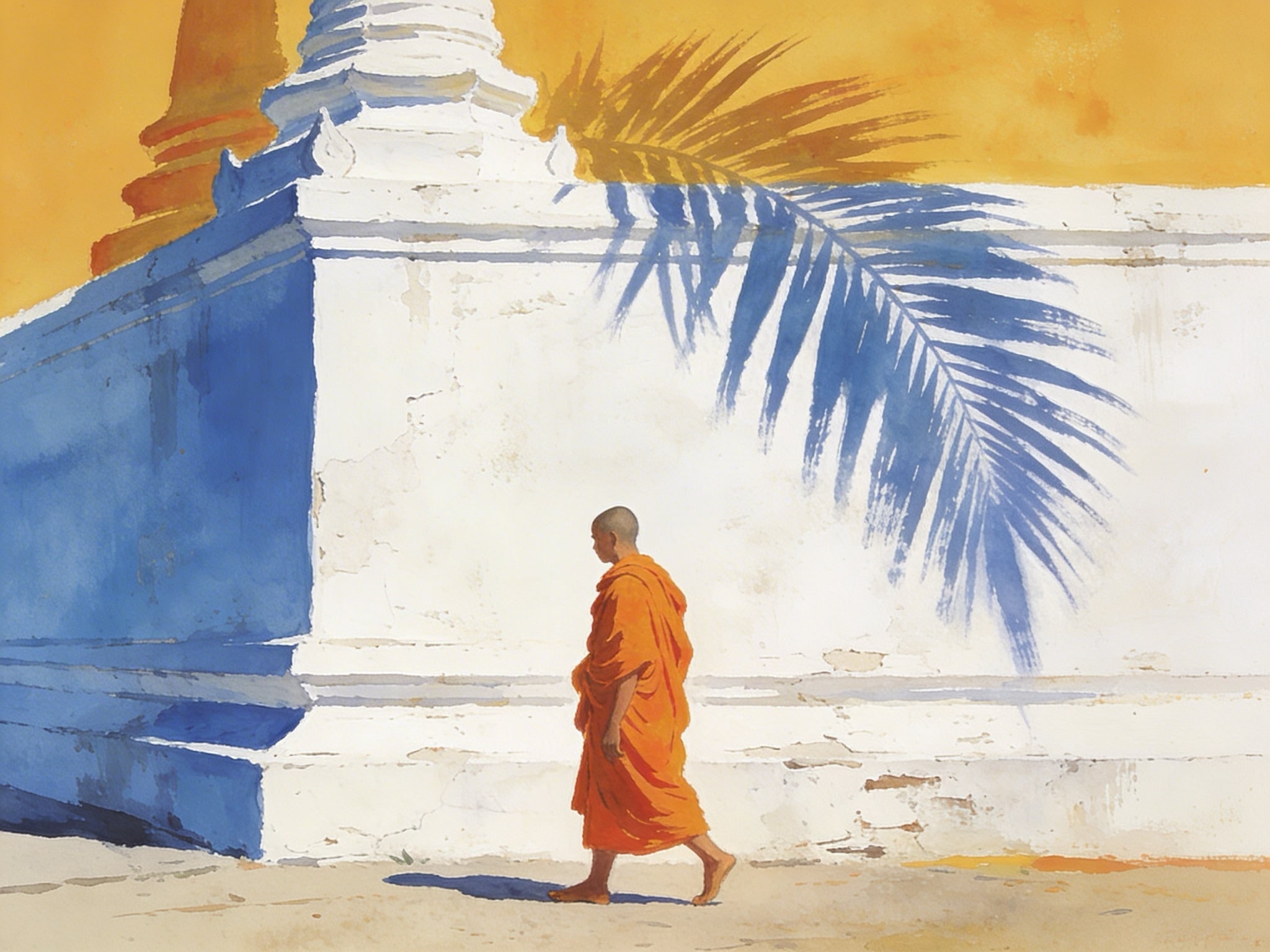 A solitary monk in saffron robes walks beside a weathered white temple wall with a palm frond shadow