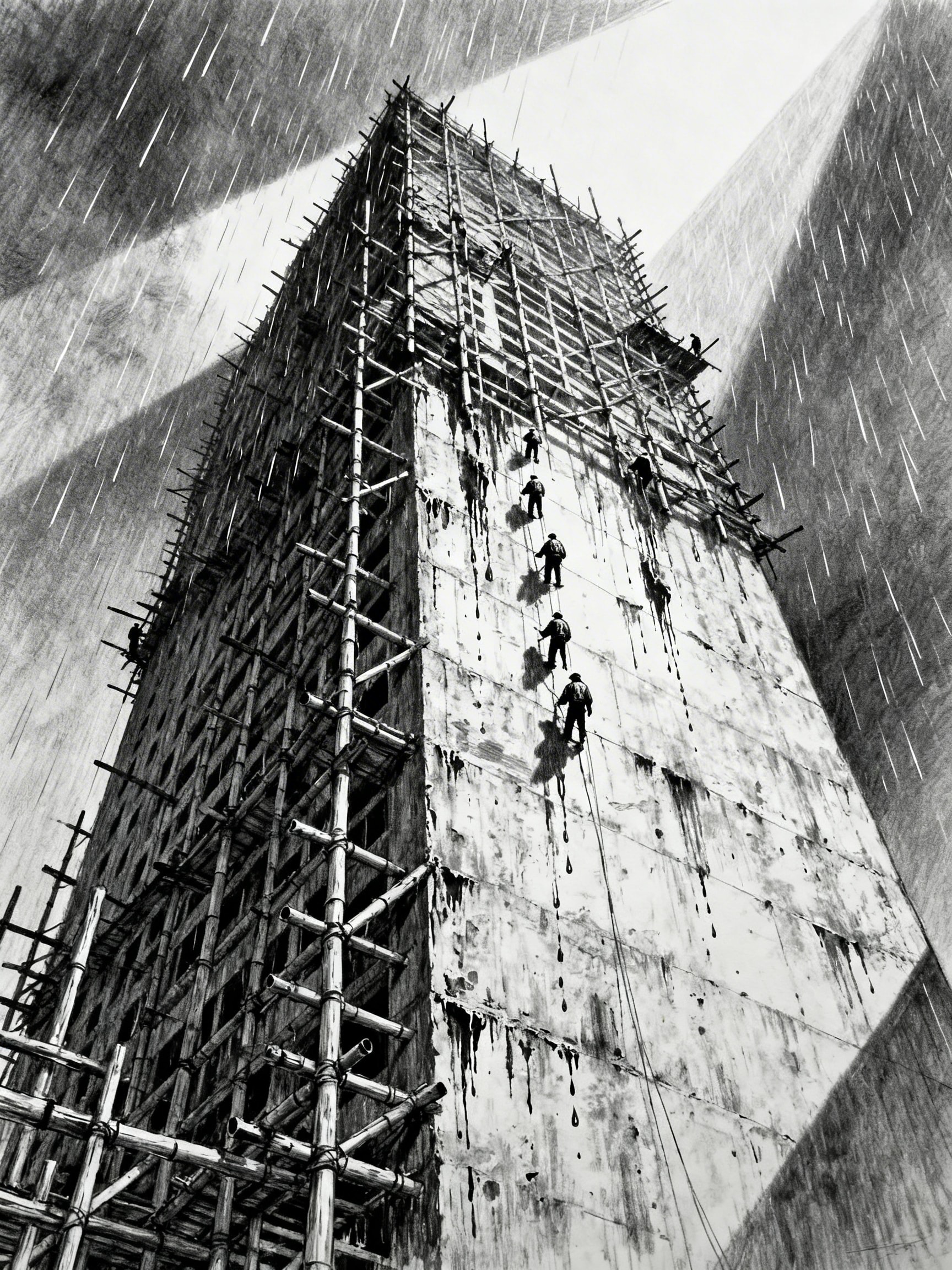 Detailed graphite pencil sketch looking up a windowless corporate tower covered in bamboo scaffolding with workers in rain