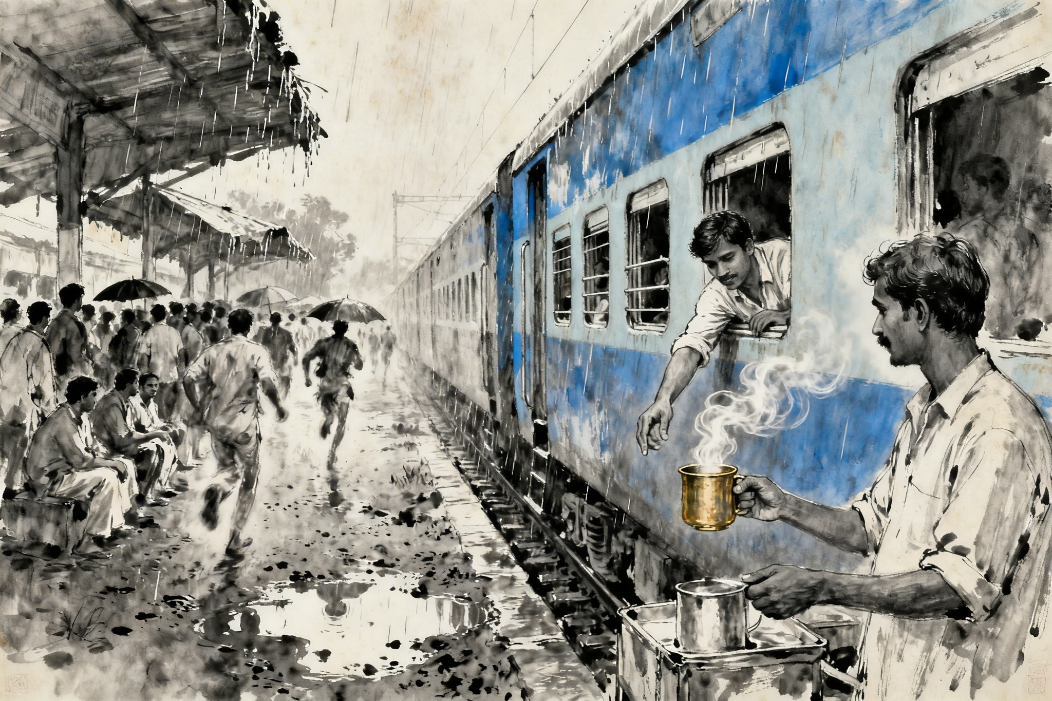Charcoal and ink sketch of a rainy Indian railway platform with a traveler buying chai from a vendor.