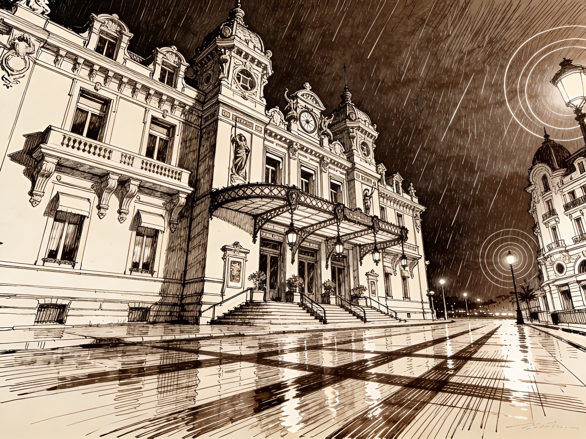 Expressive line-art drawing of the Casino de Monte-Carlo reflected on wet pavement at night
