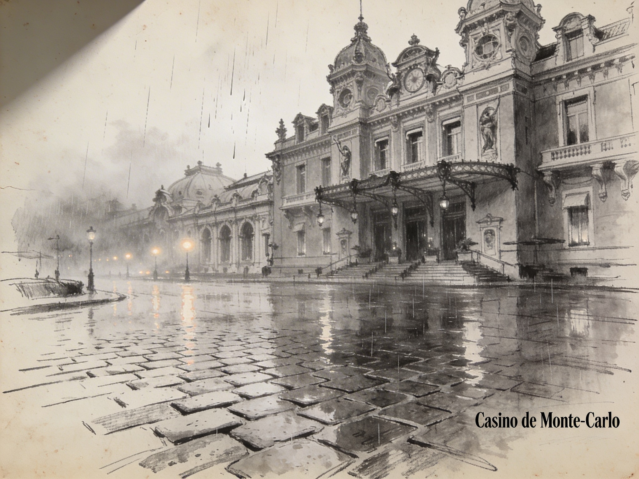 Moody 1970s-style line-art sketch of the Casino de Monte-Carlo reflecting on wet pavement at night