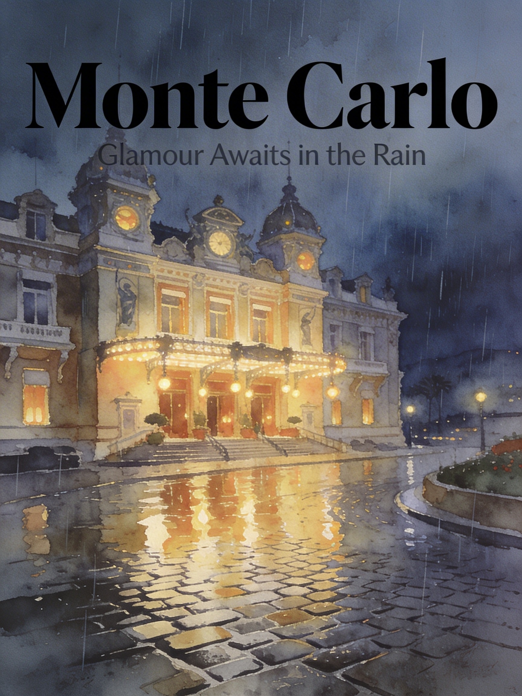 Vintage-style travel poster illustration of a rainy evening in Monte Carlo with glowing casino lights reflecting on wet cobblestones.