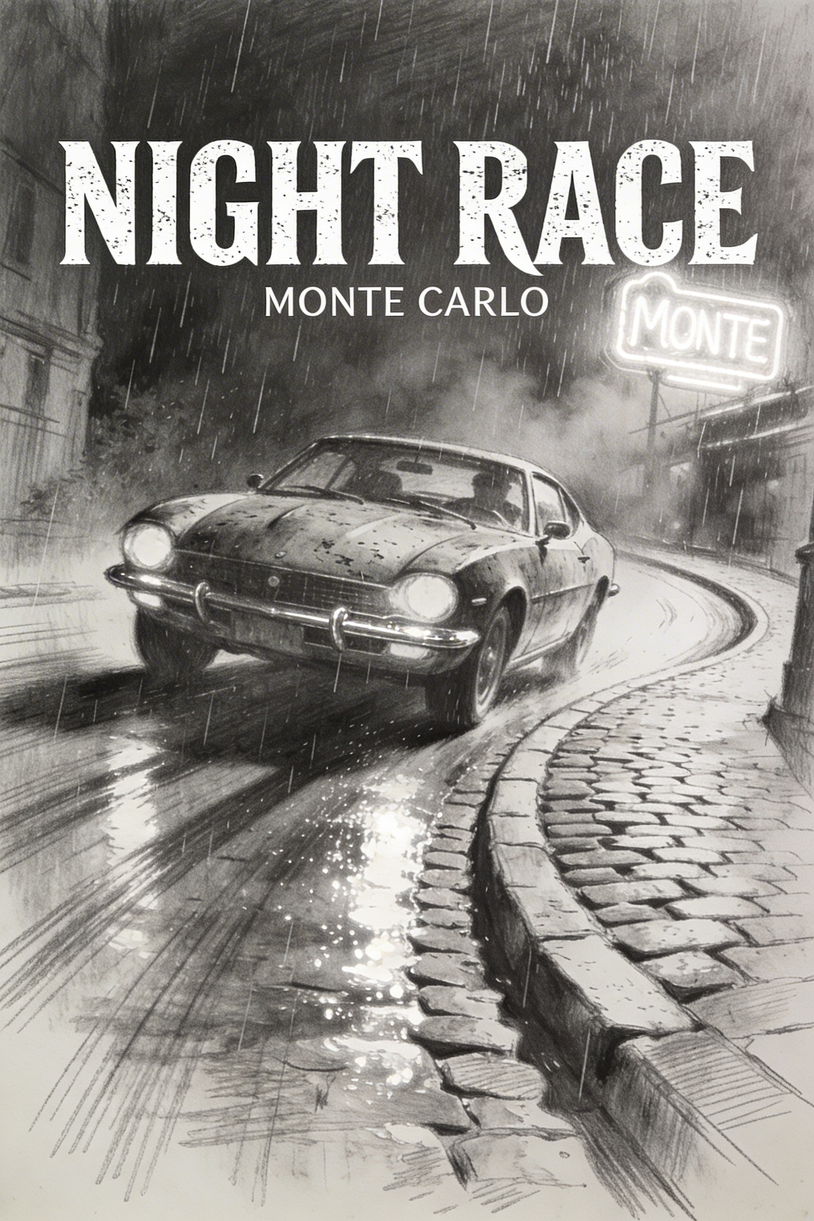 Textured graphite drawing of a vintage sports car navigating a wet, rainy hairpin turn on a Monte Carlo street