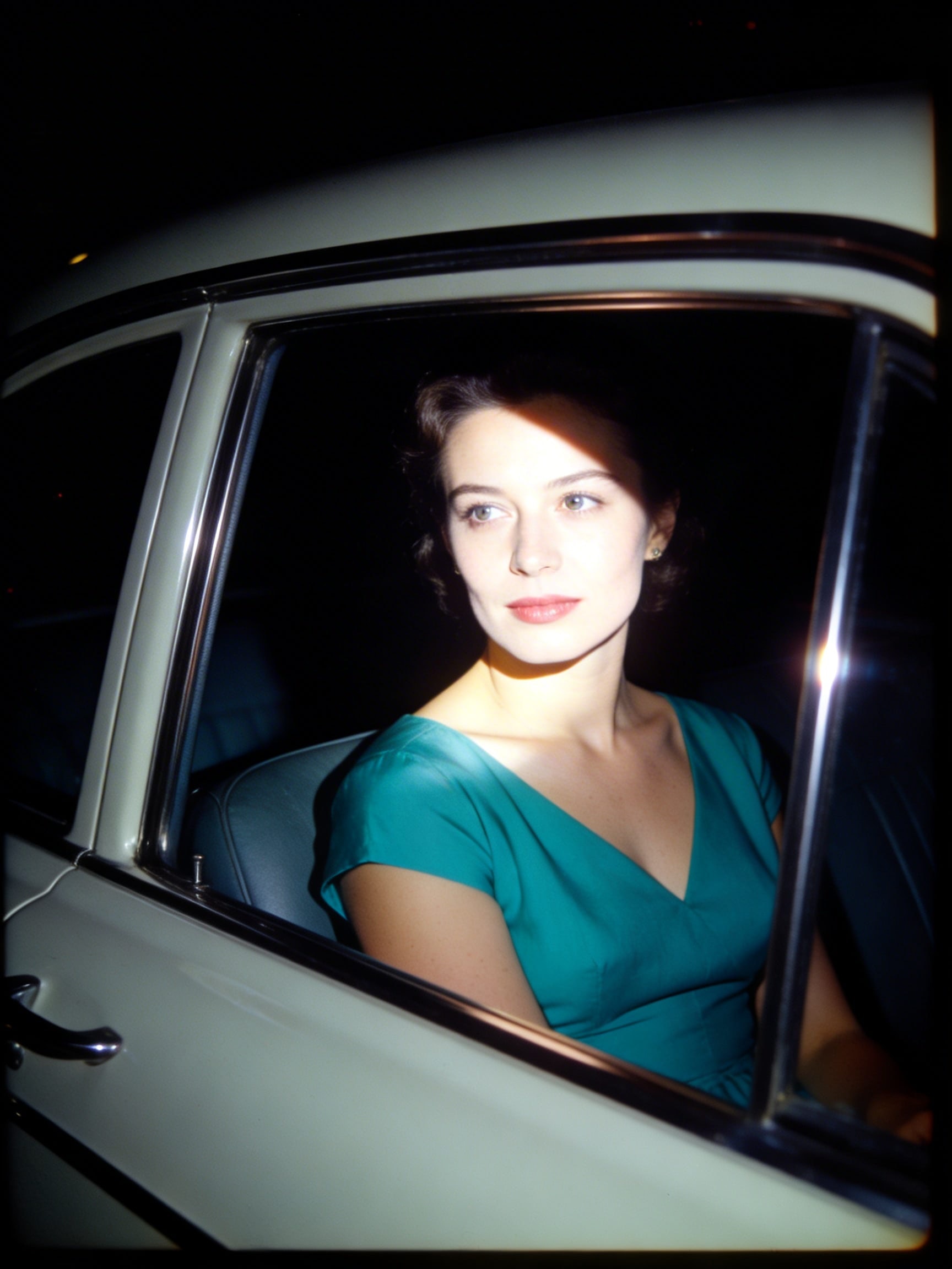 A woman in a teal dress illuminated by flash in a classic car at night, 1950s Kodachrome style.
