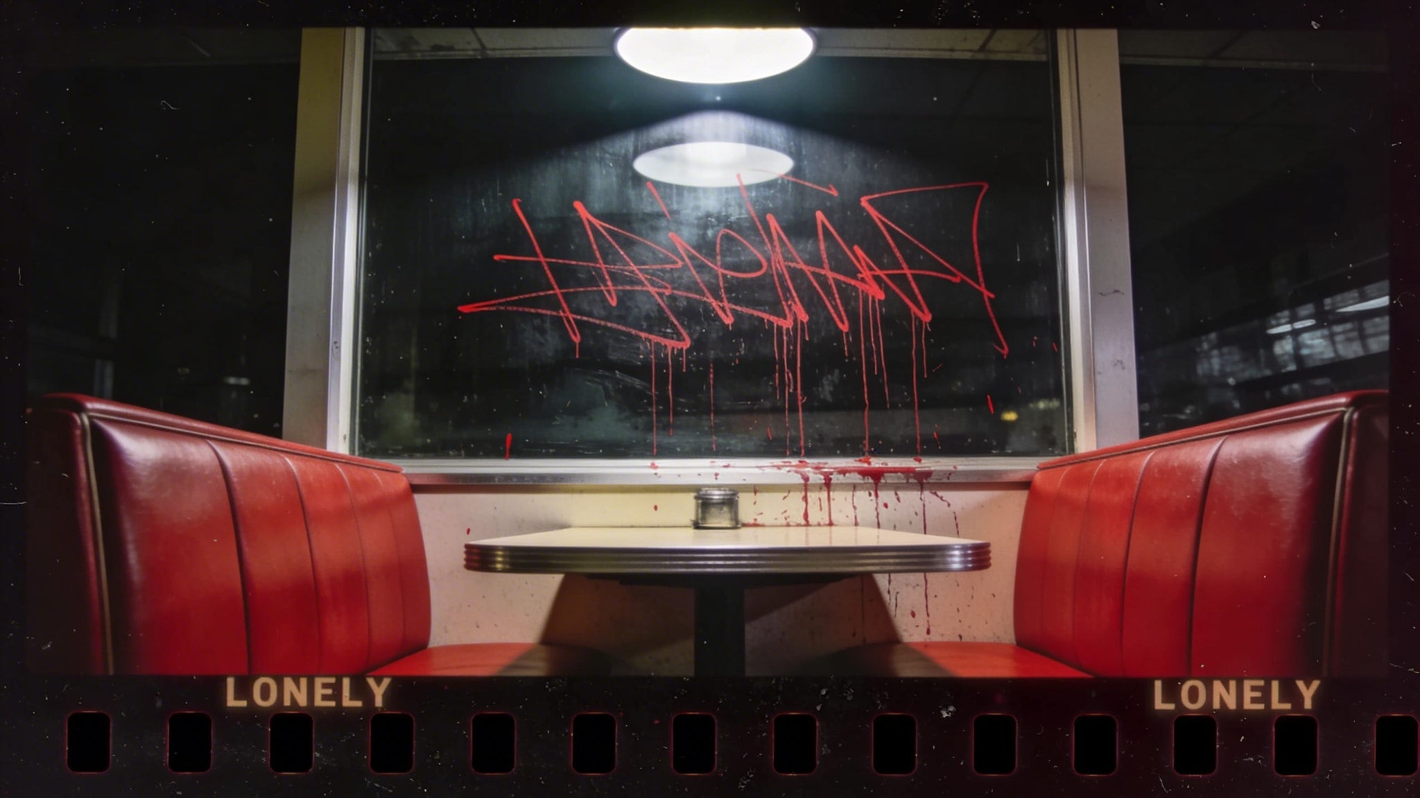 A woman sits in a red vinyl diner booth under harsh down-lighting, her reflection messily colored in red on the dark window.