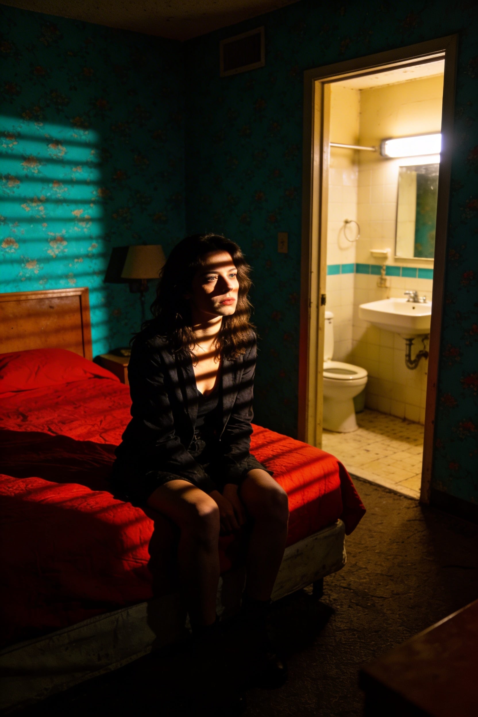 A woman sits on a motel bed, dramatically lit by a side flash, with vibrant red and teal colors.