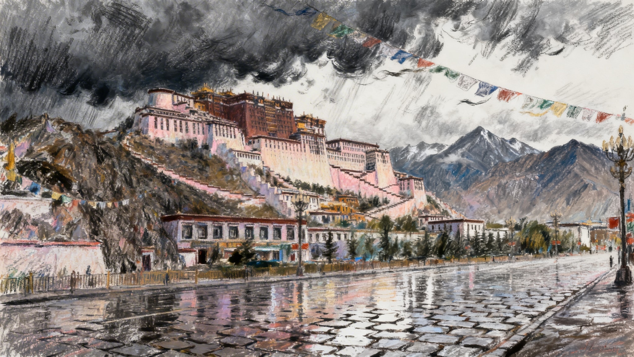 Expressive pastel and chalk artwork of the Potala Palace in a stormy Himalayan landscape