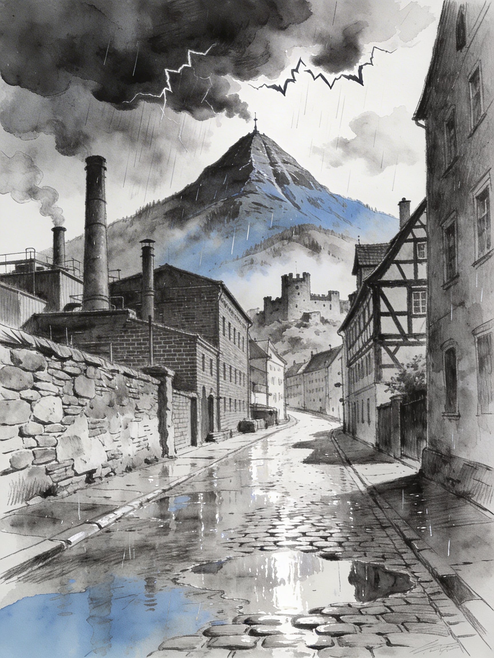 Pencil and wash drawing of a wet street in Göppingen with Hohenstaufen mountain under storm clouds