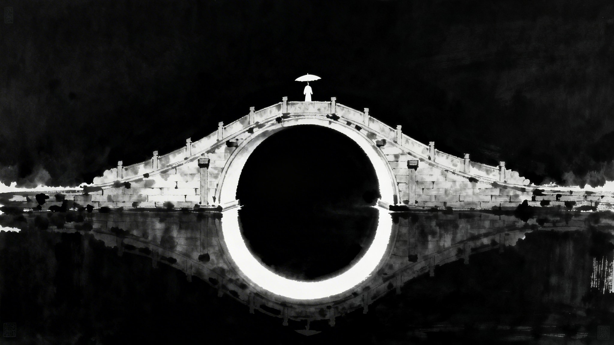 Black and white minimalist scene of a high-arched stone bridge forming a perfect circle with its reflection in still water, with a figure holding an umbrella at the top.