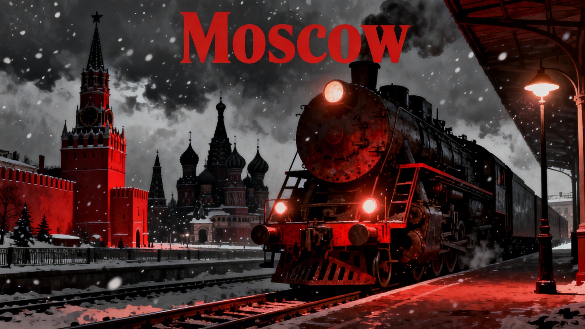 1930s noir-style travel poster of Moscow featuring the Kremlin and Saint Basil's Cathedral silhouetted against a snowy sky, with a steam locomotive in the foreground.