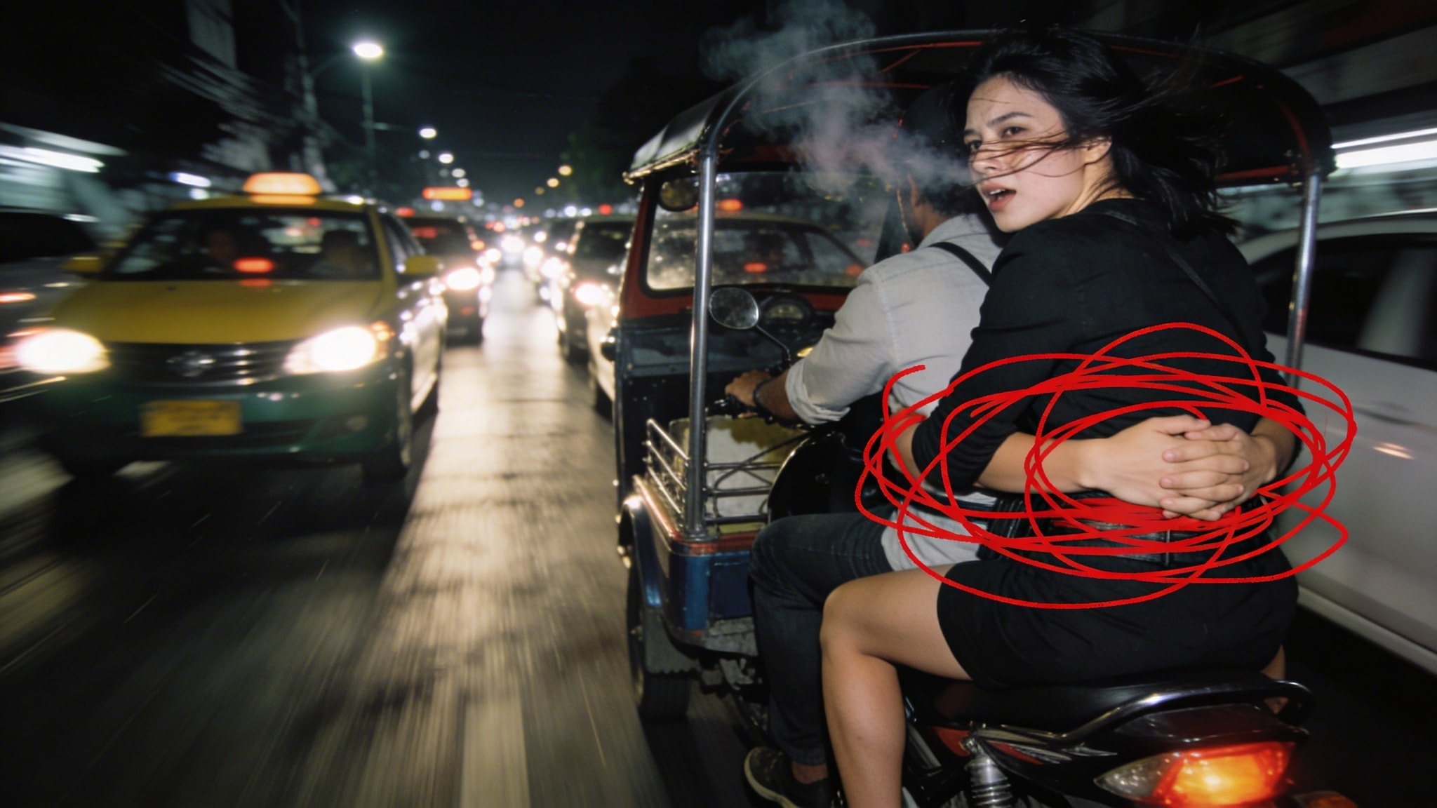 Woman holding onto a motorcycle taxi driver in stalled traffic, with wind distortion and red sharpie scribble overlay.