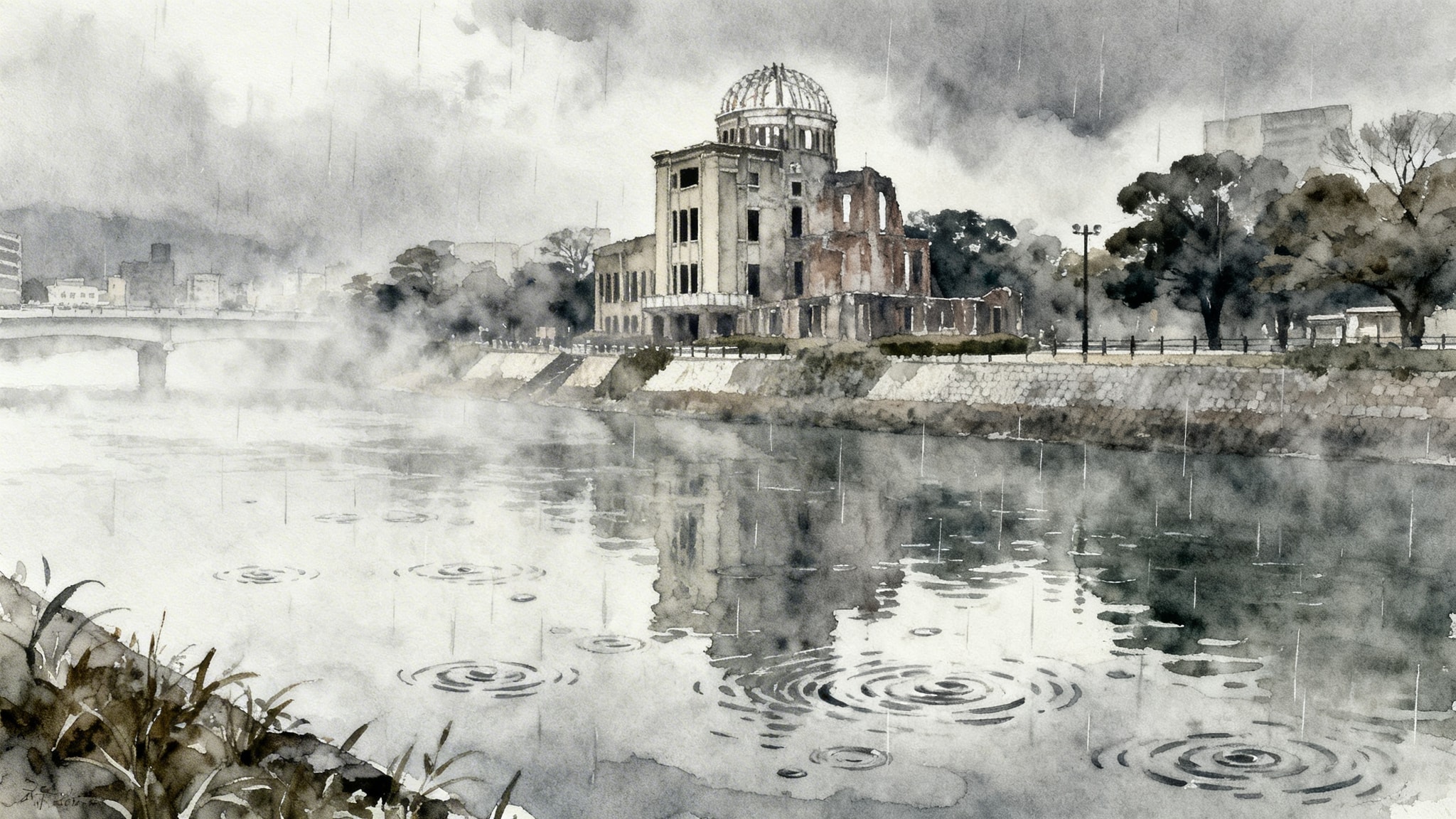 Atmospheric watercolor painting of Hiroshima's Motoyasu River bank with the Atomic Bomb Dome in the rain