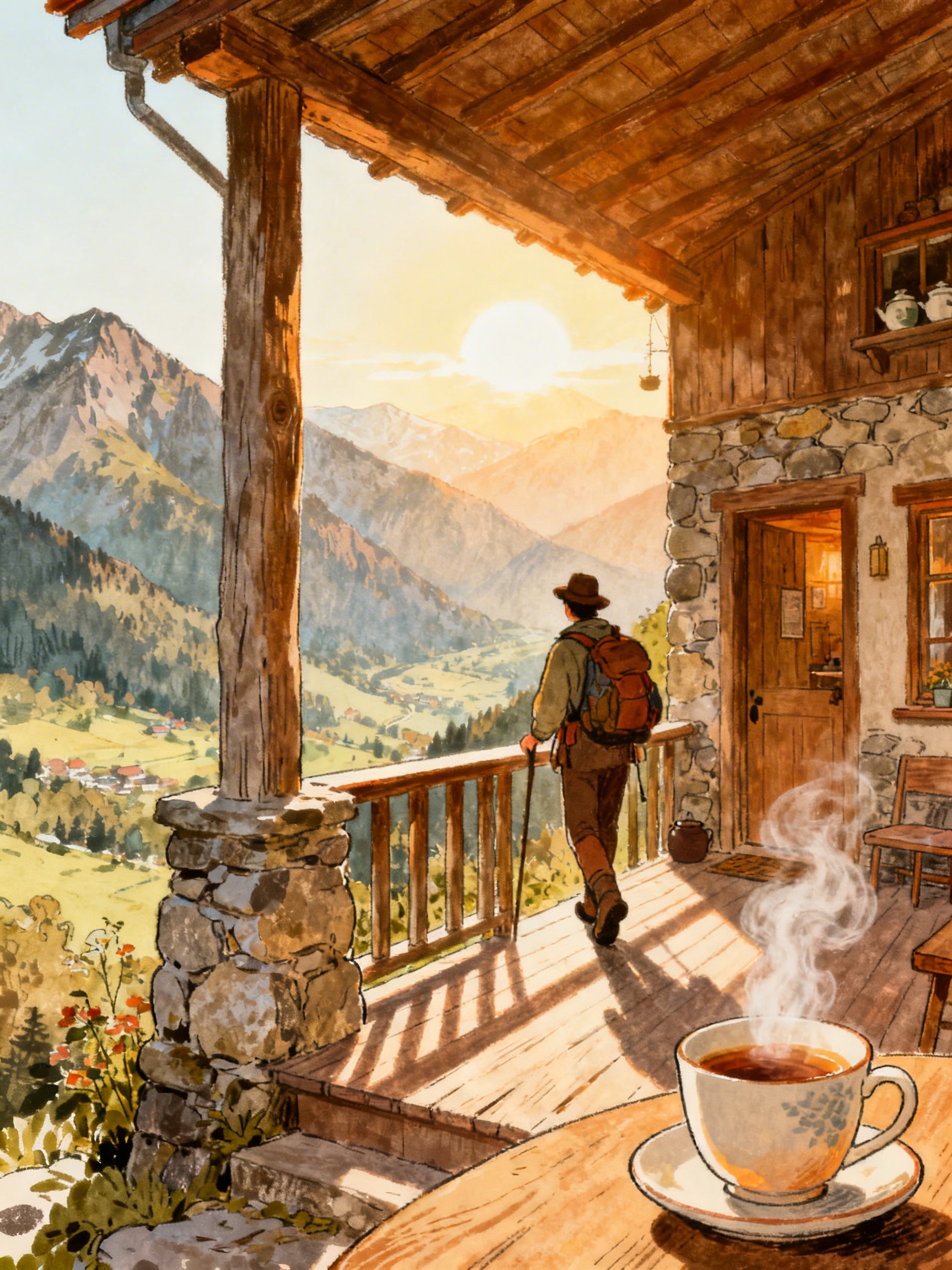 A cozy 1970s illustration of a traveler on a sunlit porch at a mountain tea house overlooking a valley